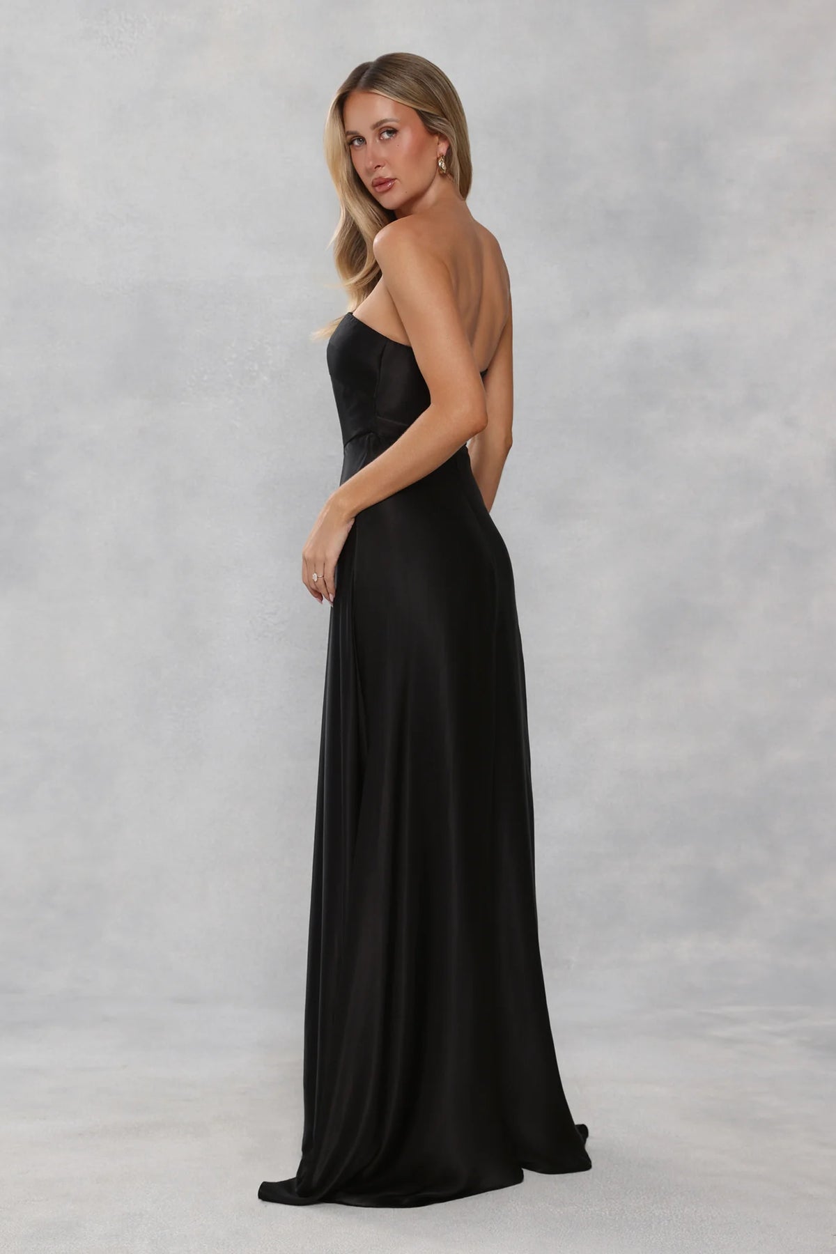 The Serina Strapless Satin Maxi Dress Black