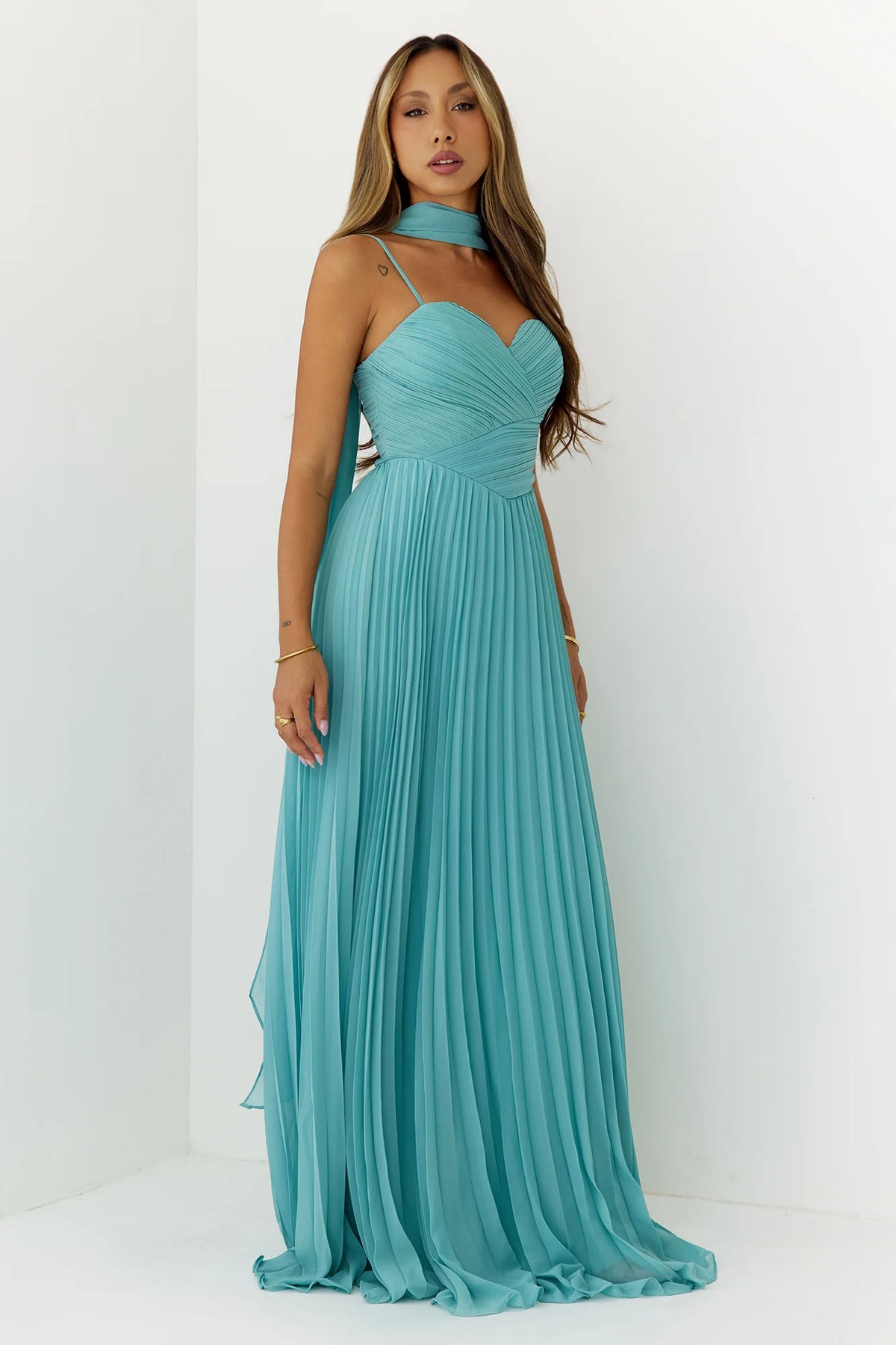 Sweetheart Pleated Scarf Maxi Dress Mint