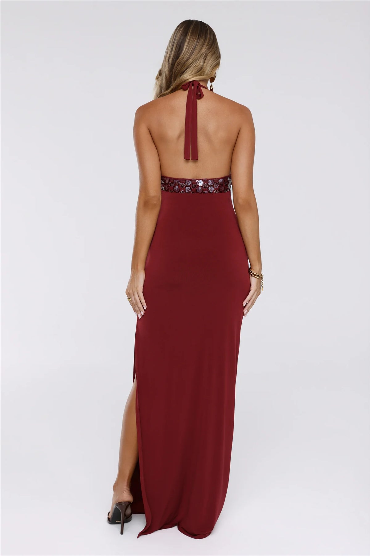 Shimmering Luxe Halter Maxi Dress Wine