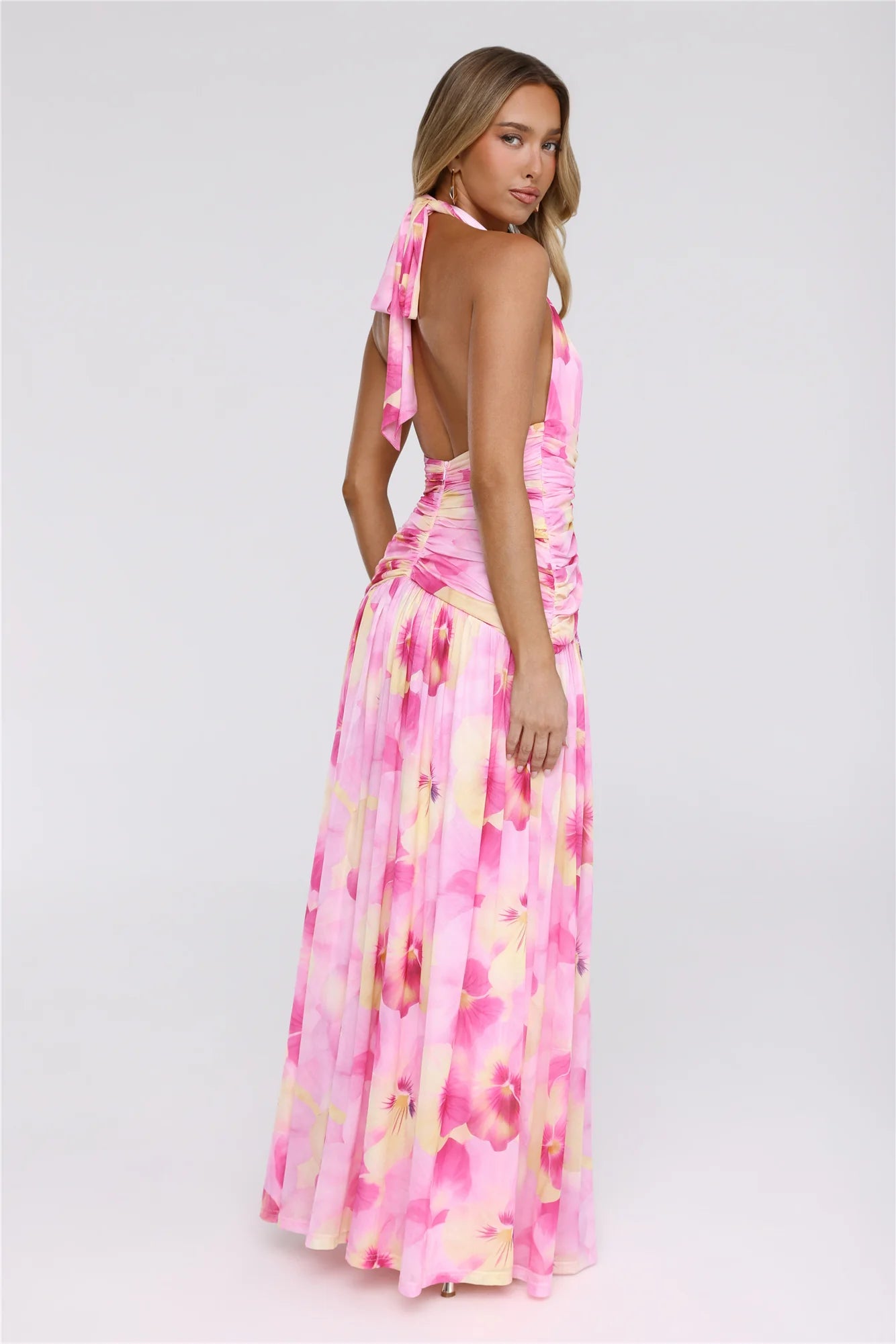 Darlingly Done Halter Mesh Maxi Dress Pink