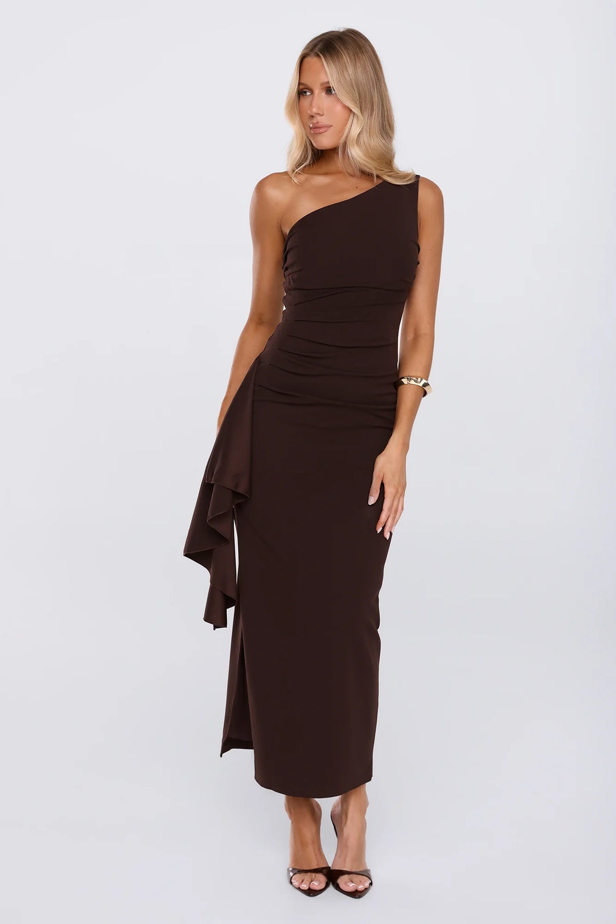 Chic One Shoulder Ruched Drape Maxi Dress Chocolate