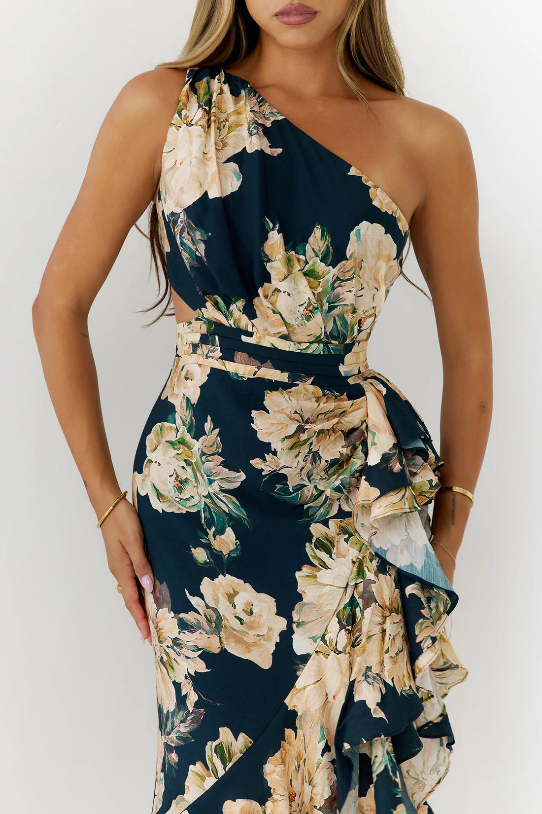 Floral One Shoulder Cutout Maxi Dress Navy