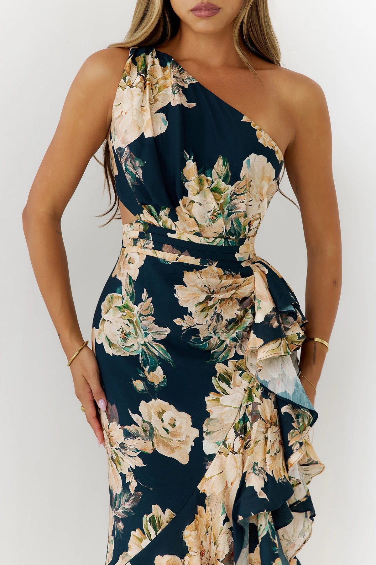 Floral One Shoulder Cutout Maxi Dress Navy