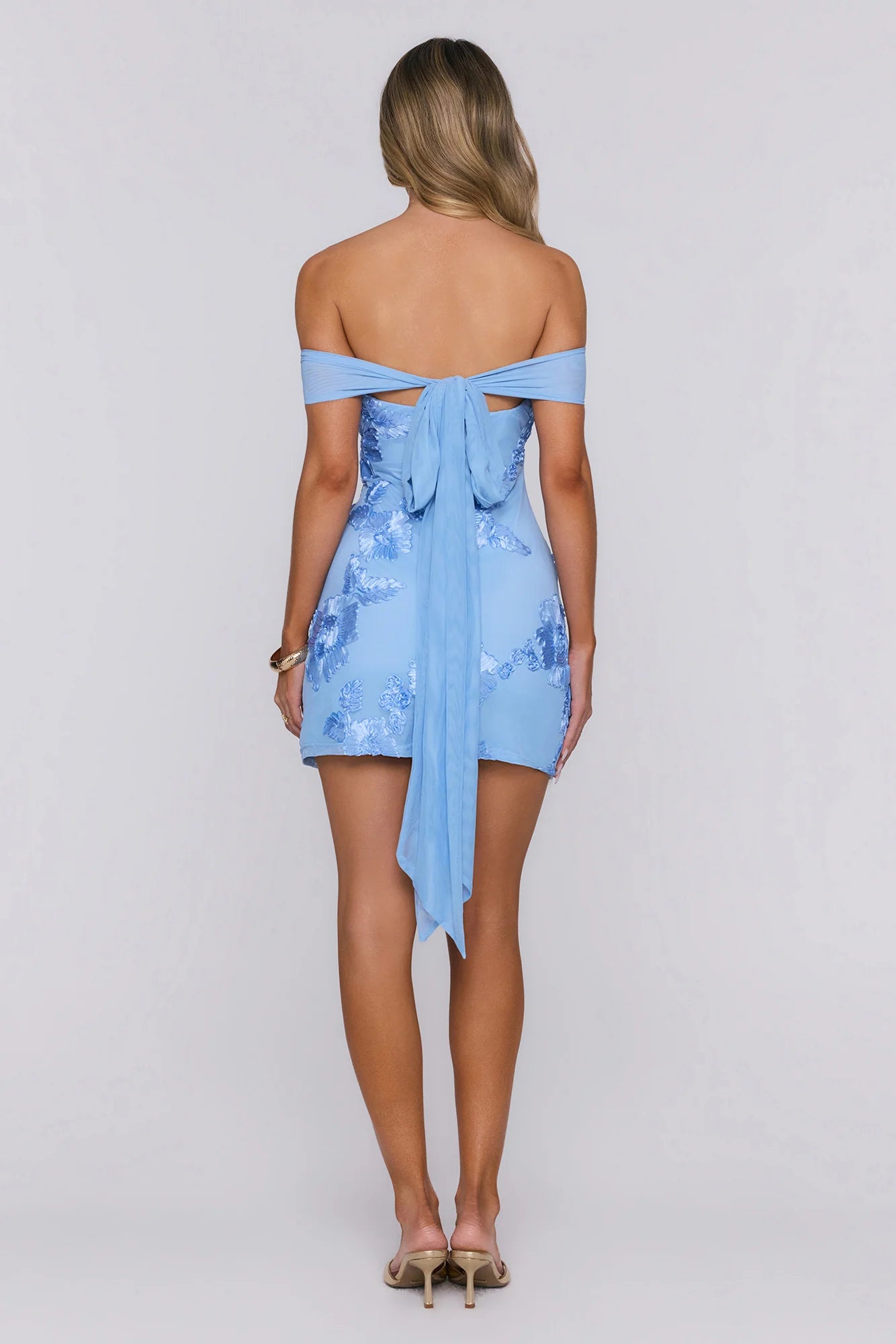 Saltwater Sonata Off Shoulder Mesh Mini Dress Blue