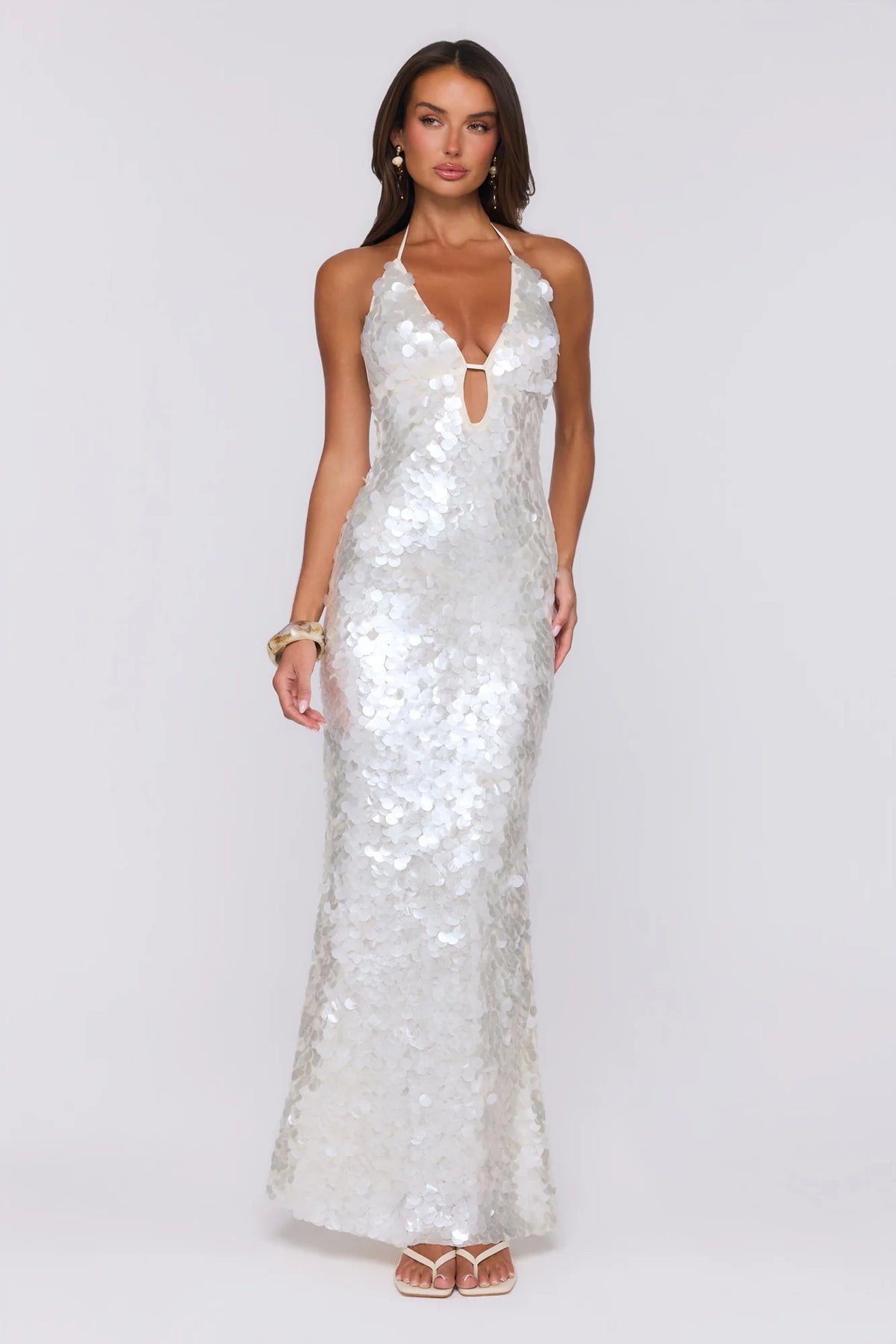 Sparkling Affair Sequin Halter Maxi Dress Ecru White