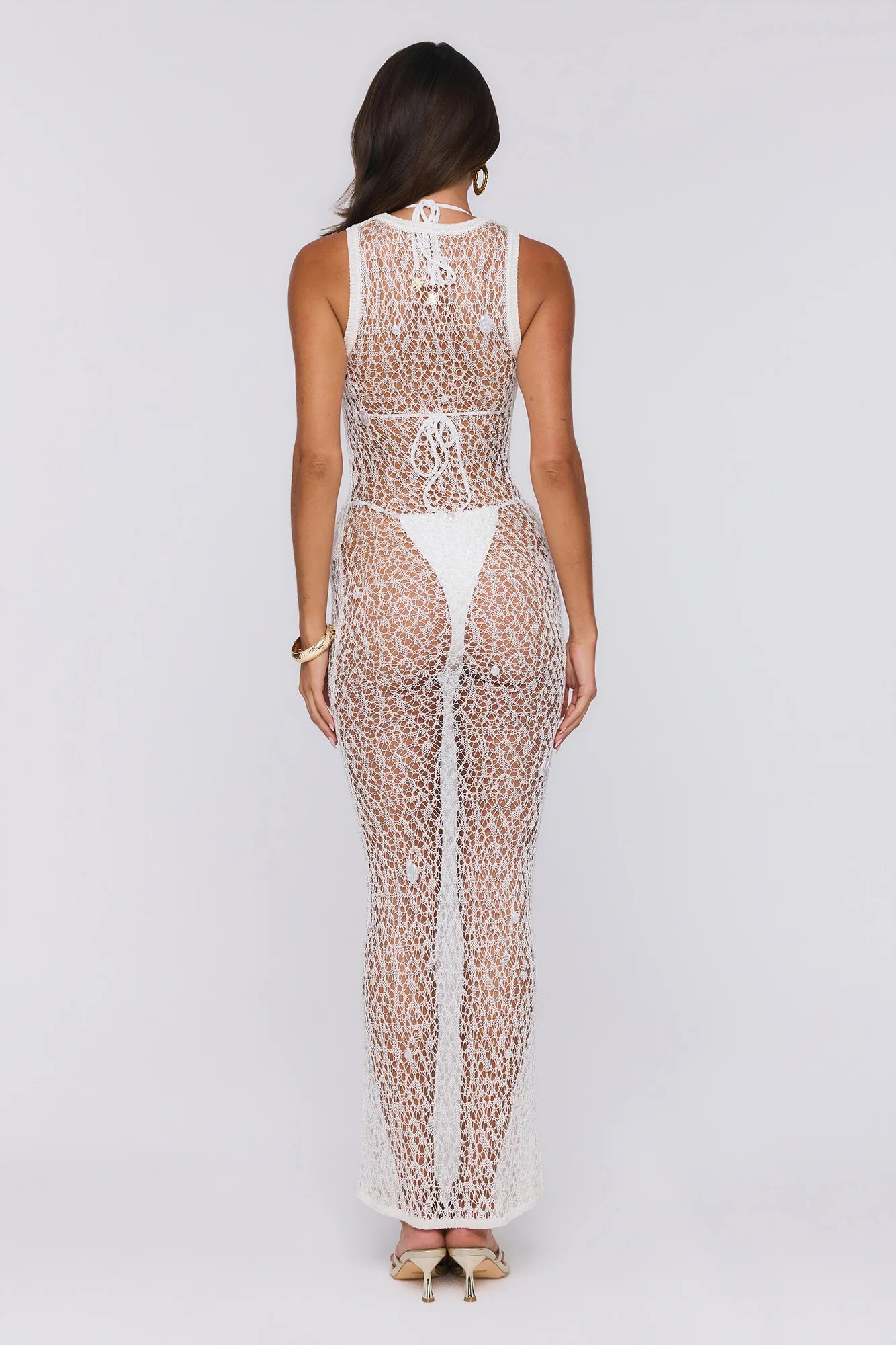 Main Event Ready Crochet Pearl Sheer Maxi Dress Cream