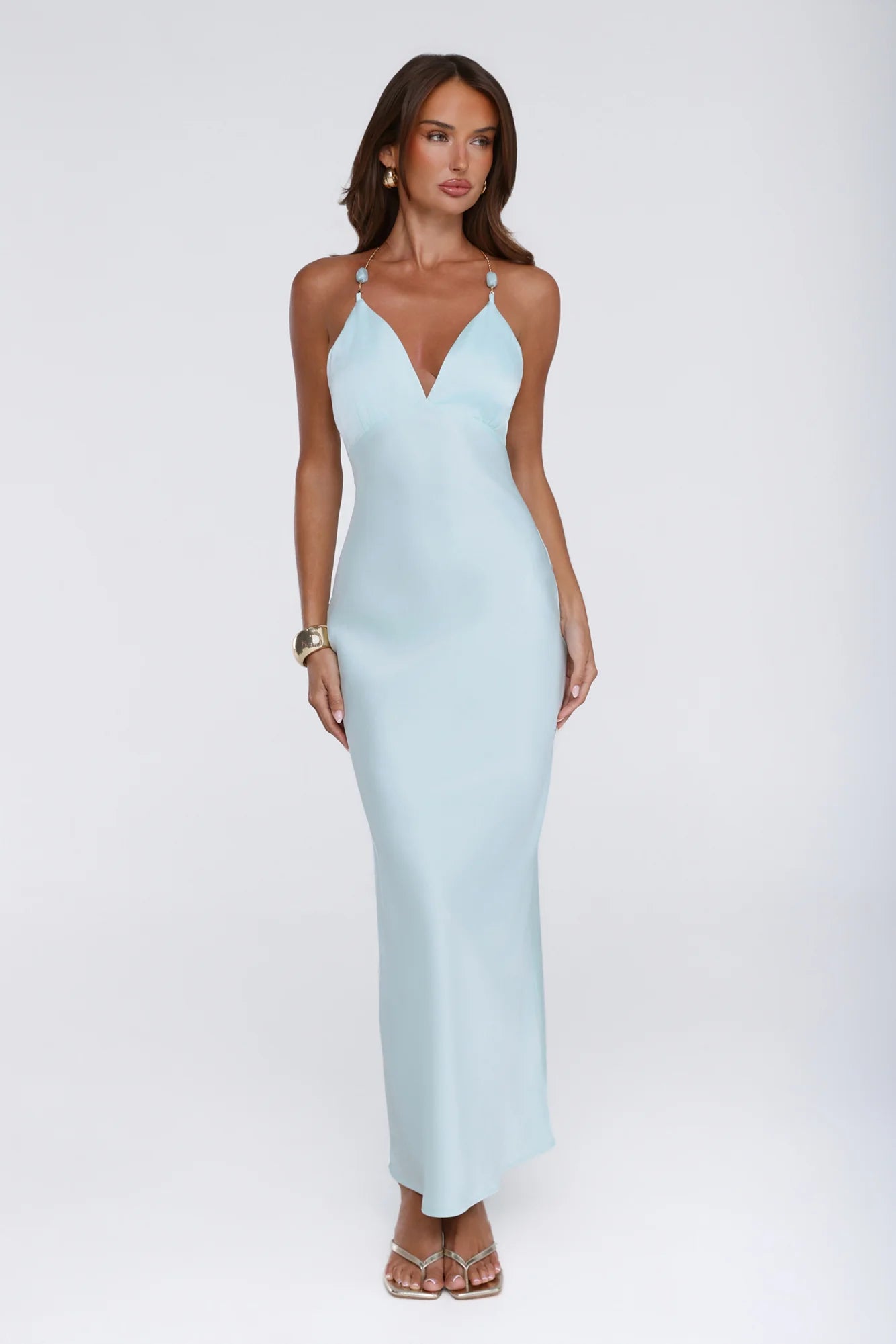 Pearl Indulgence Satin Maxi Dress Aqua