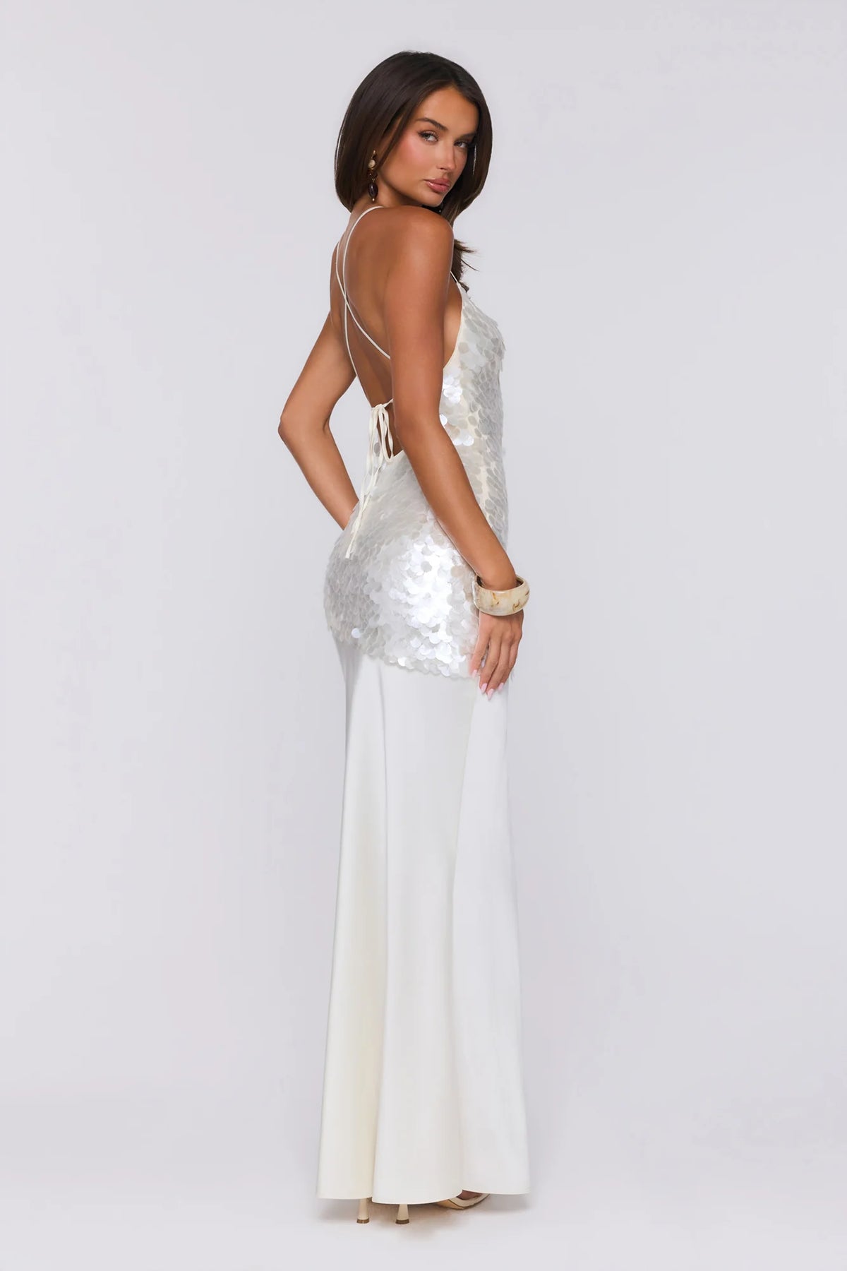 Shimmer Glow Sequin Maxi Dress Ecru White