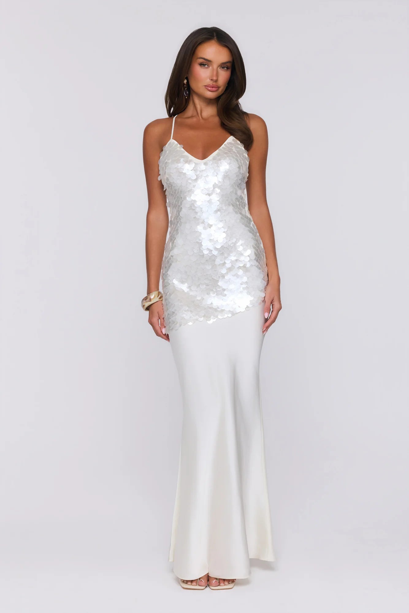 Shimmer Glow Sequin Maxi Dress Ecru White