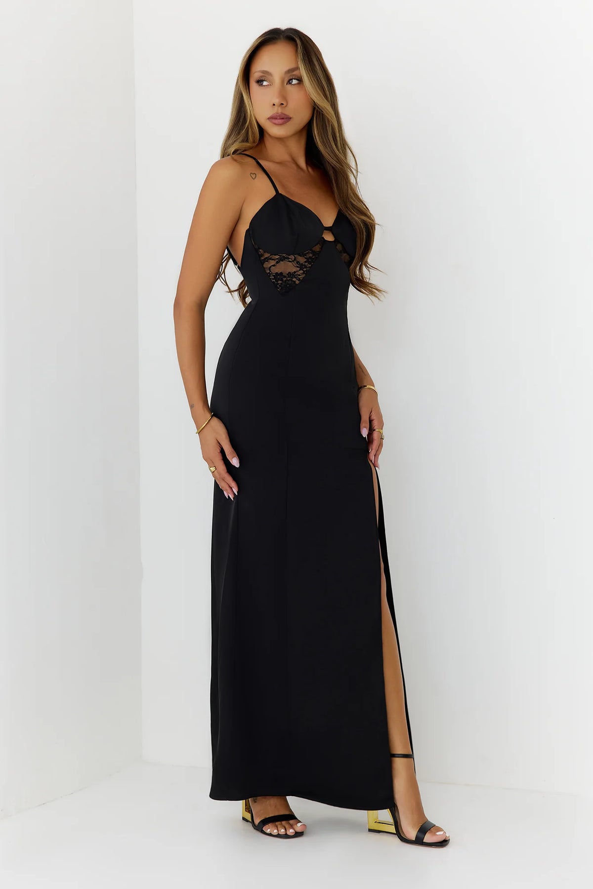 Satin Lace Nights Maxi Dress Black