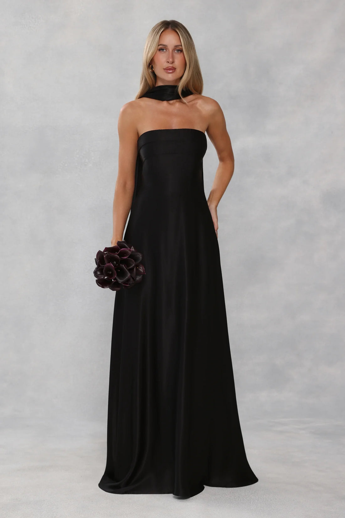 The Serina Strapless Satin Maxi Dress Black