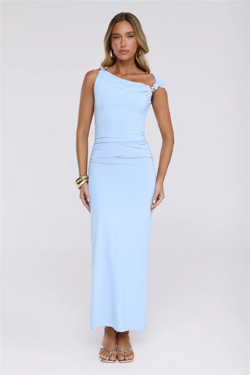 Chic Dreams Await Off Shoulder Maxi Dress Blue