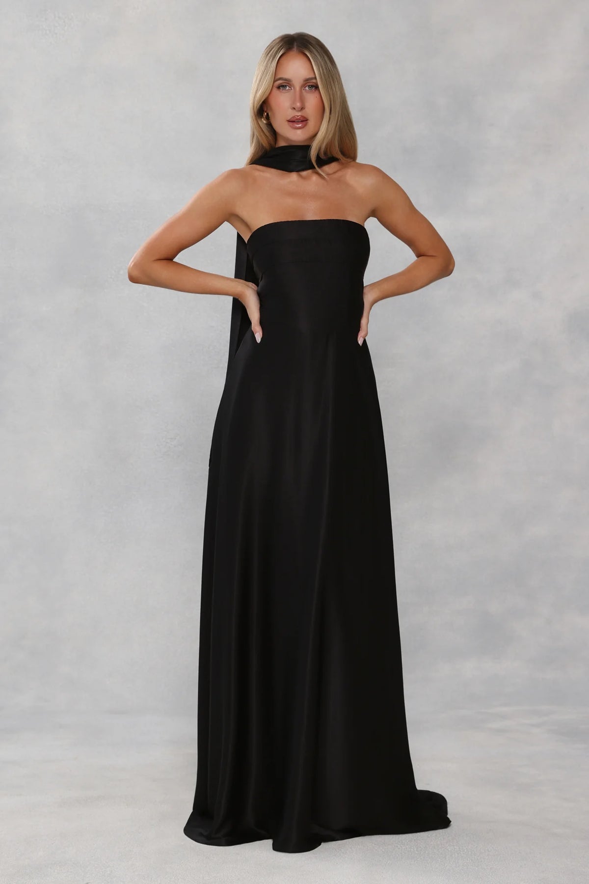 The Serina Strapless Satin Maxi Dress Black
