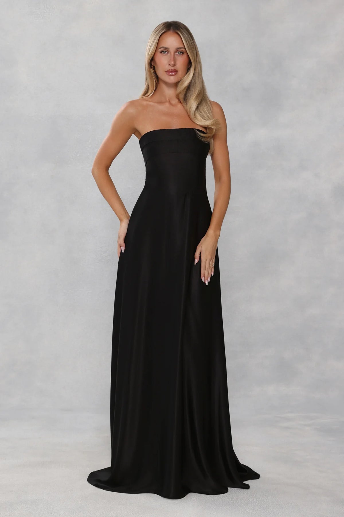 The Serina Strapless Satin Maxi Dress Black