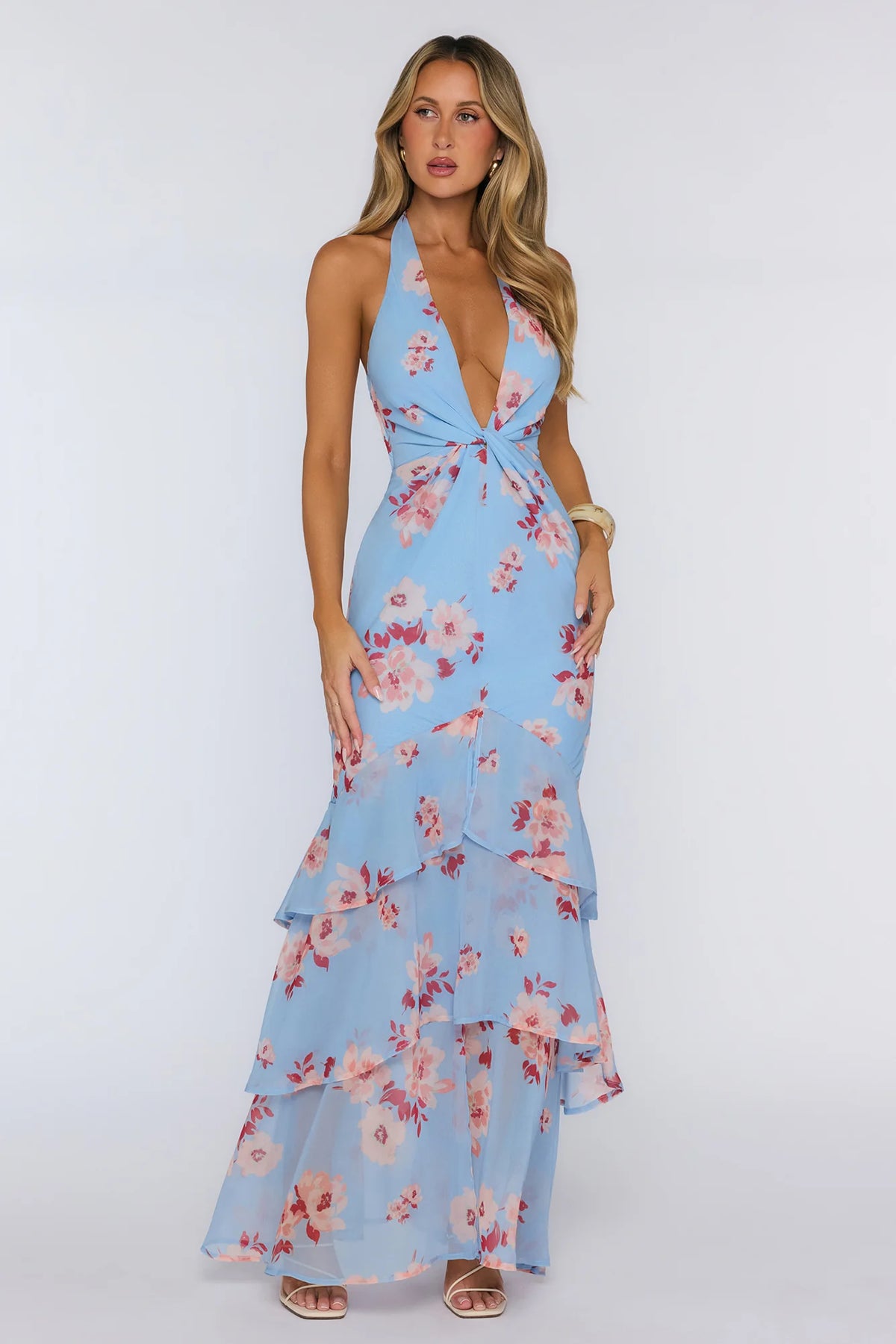 Floral Halter Twist Detail Tiered Maxi Dress Blue