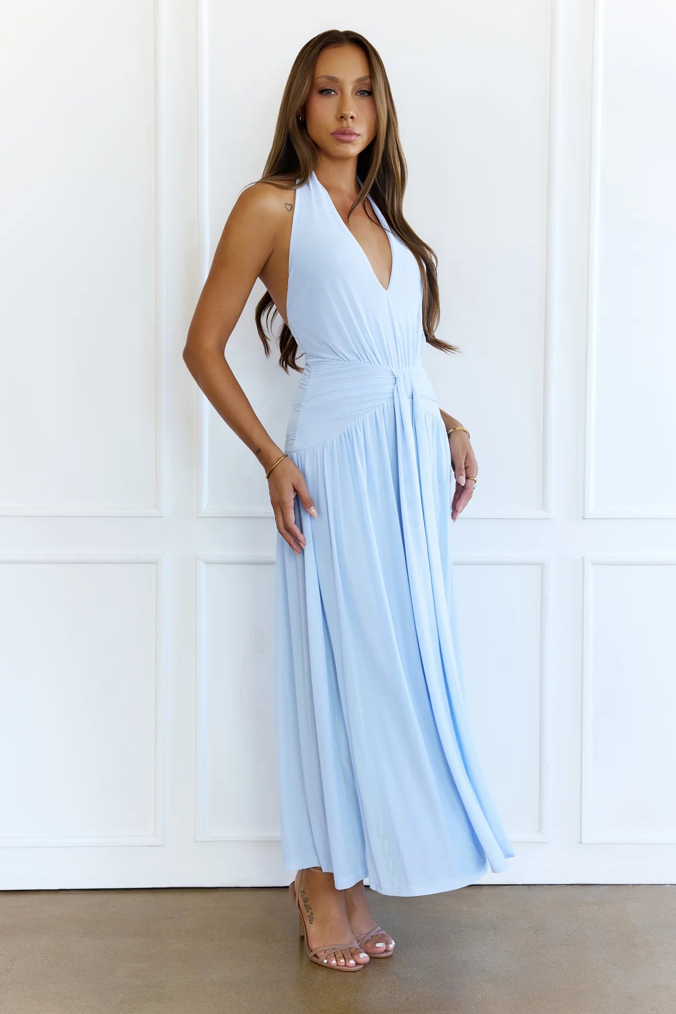 Whispered Promises Halter Mesh Maxi Dress Blue