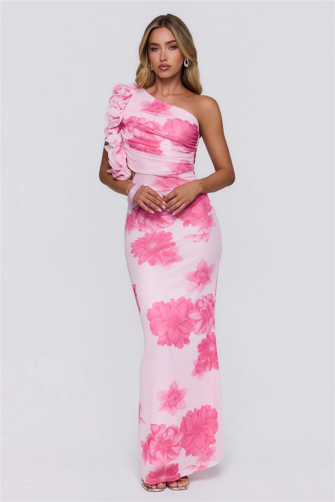 Dream Petals One Shoulder Maxi Dress Pink