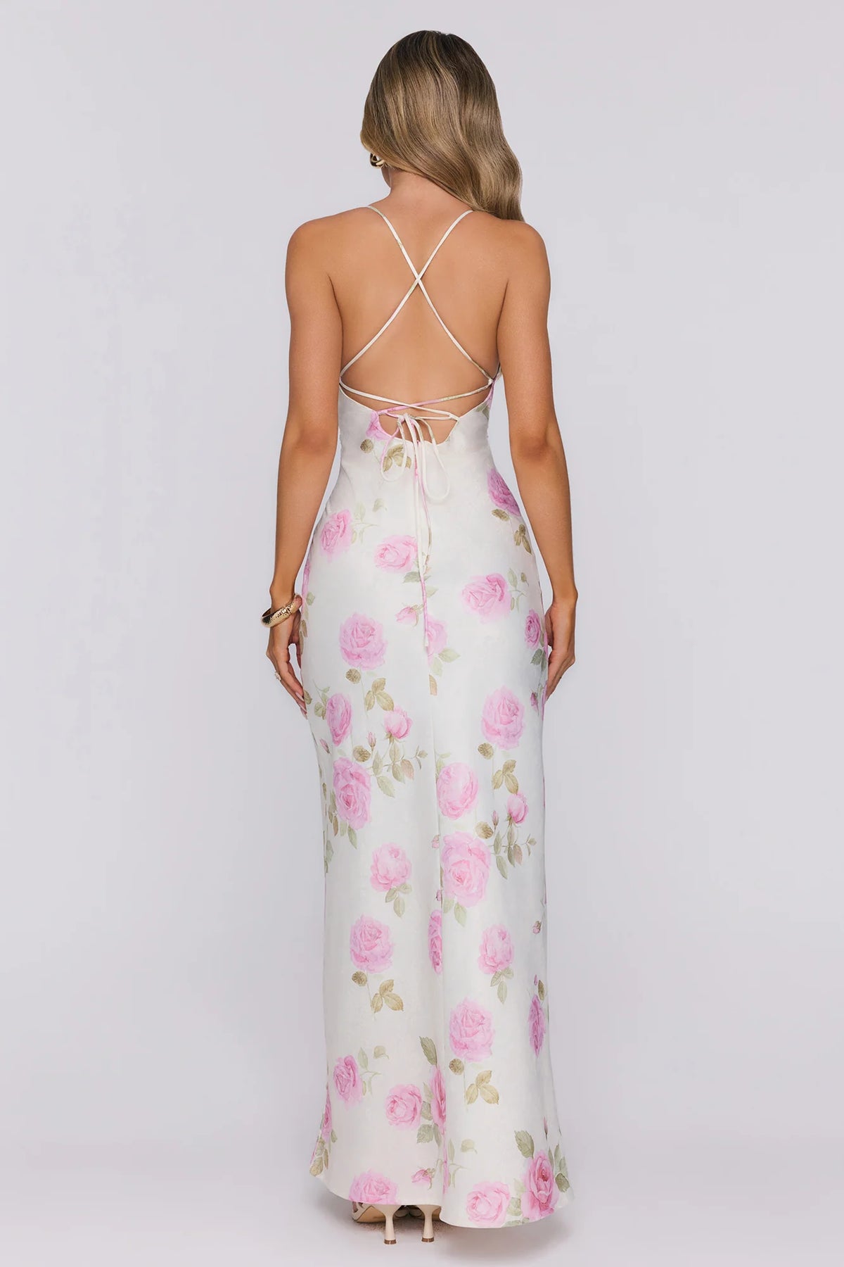 Romantic Muse Lace Floral Satin Maxi Dress Pink