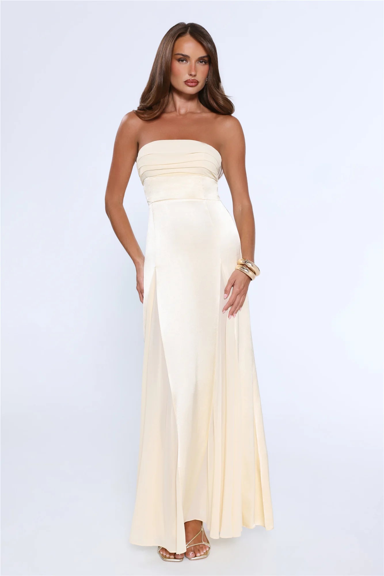 Statement Shine Strapless Satin Maxi Dress Yellow