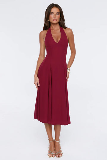 Luxe Femininity Halter Midi Dress Wine