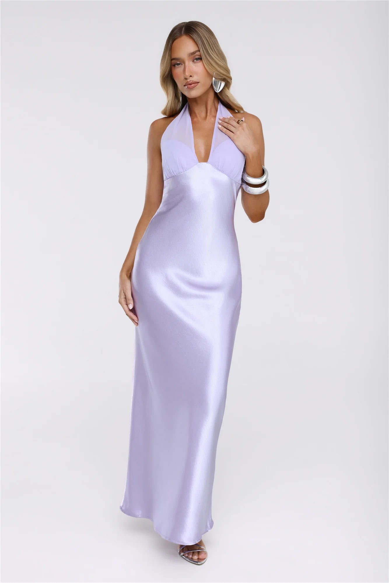 Luxe Satin Halter Neck Maxi Dress Lilac