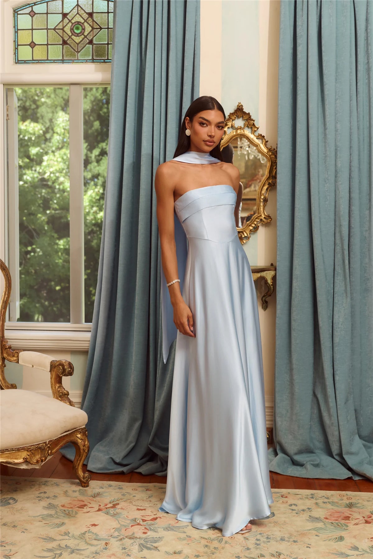 The Serina Strapless Satin Maxi Dress Light Blue