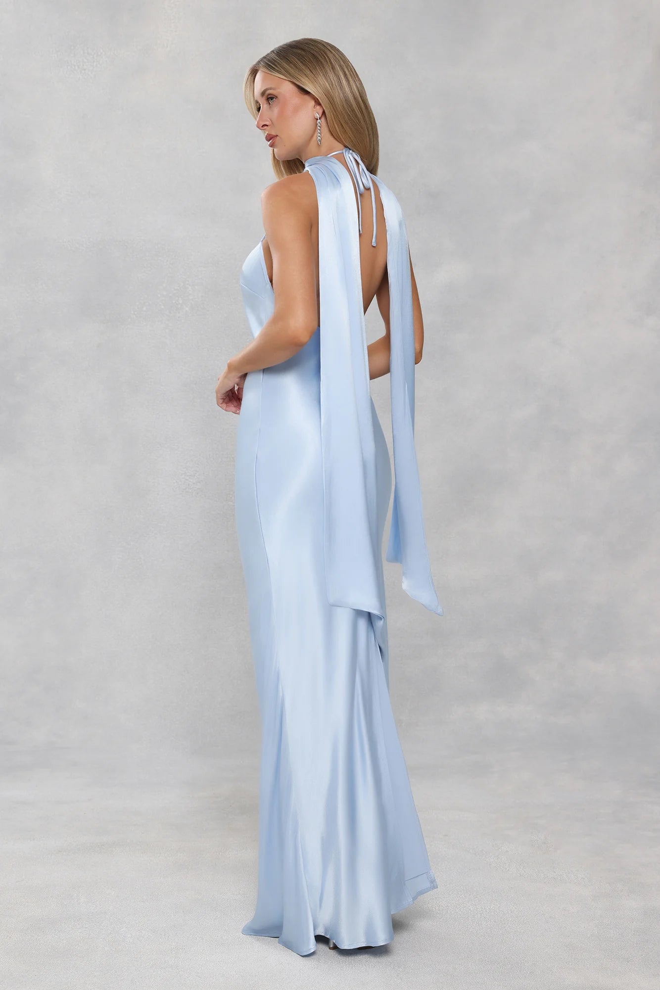 The Vivia Halter Satin Maxi Dress Light Blue
