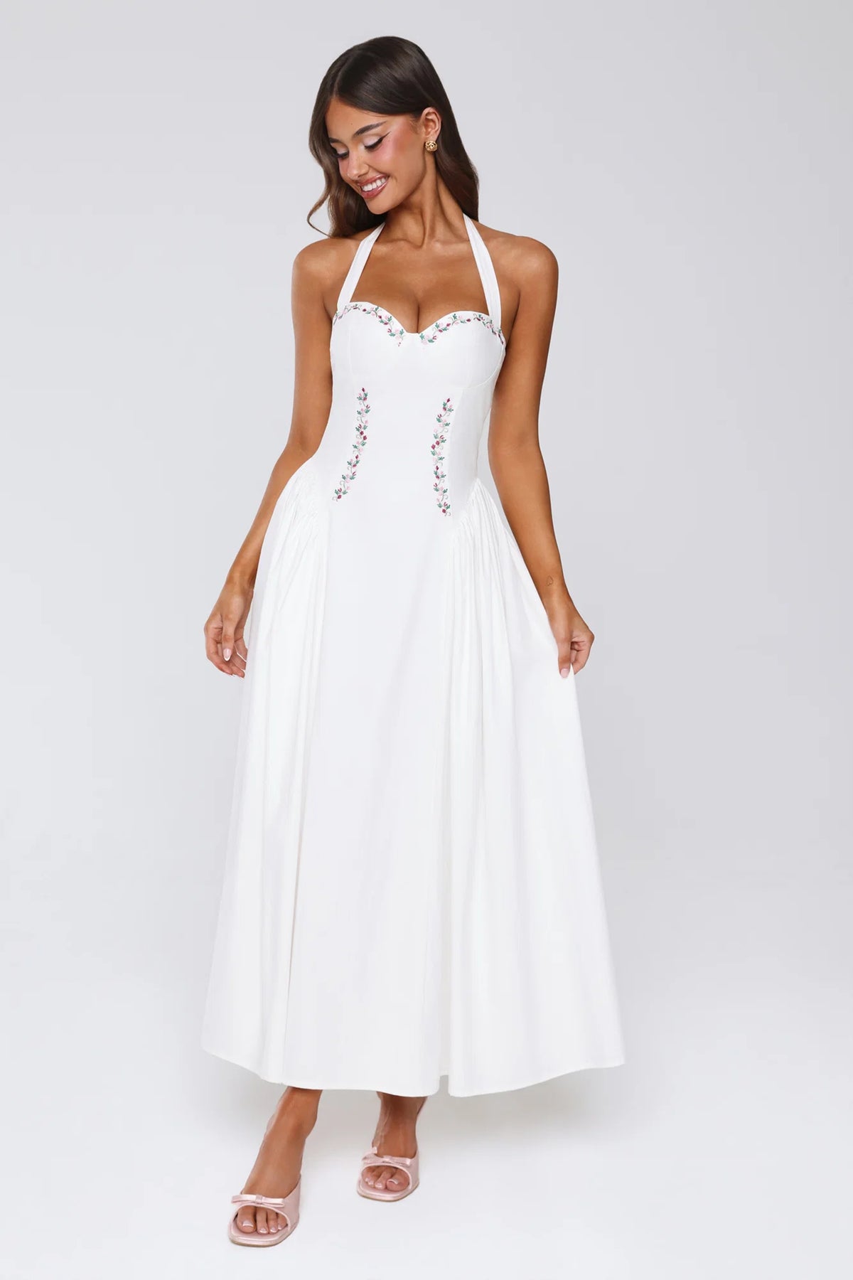 Vintage Fleur Halter Maxi Dress White