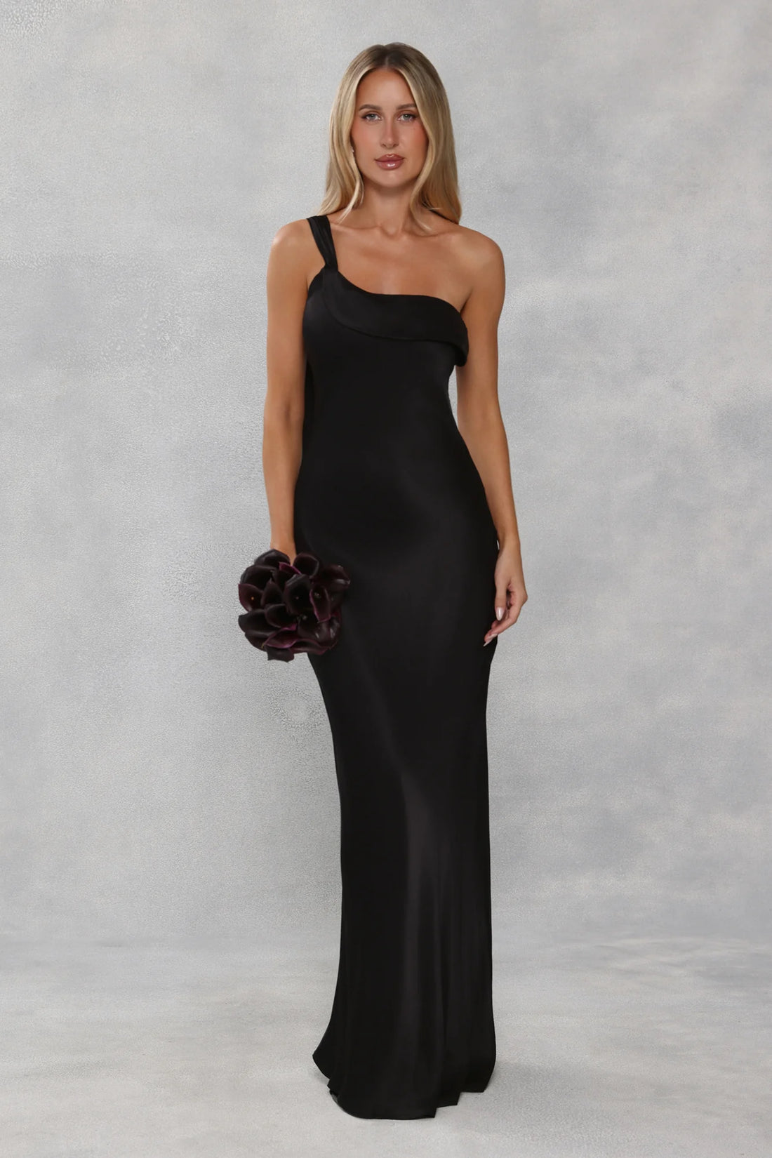 The Zafira One Shoulder Satin Maxi Dress Black
