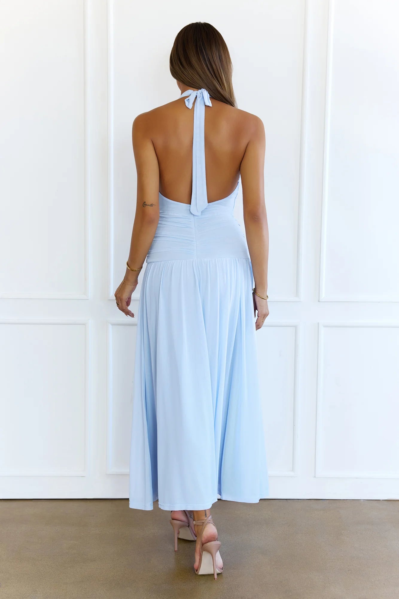 Whispered Promises Halter Mesh Maxi Dress Blue