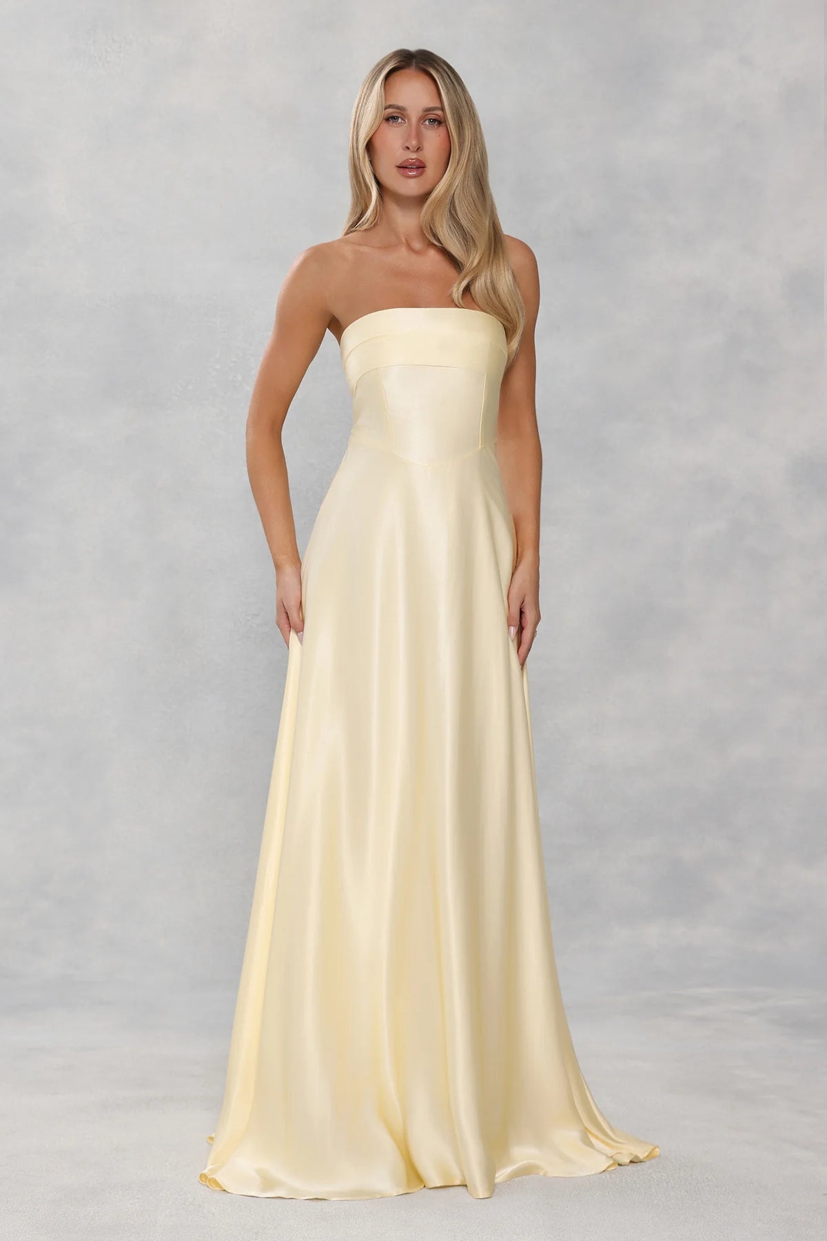 The Serina Strapless Satin Maxi Dress Yellow