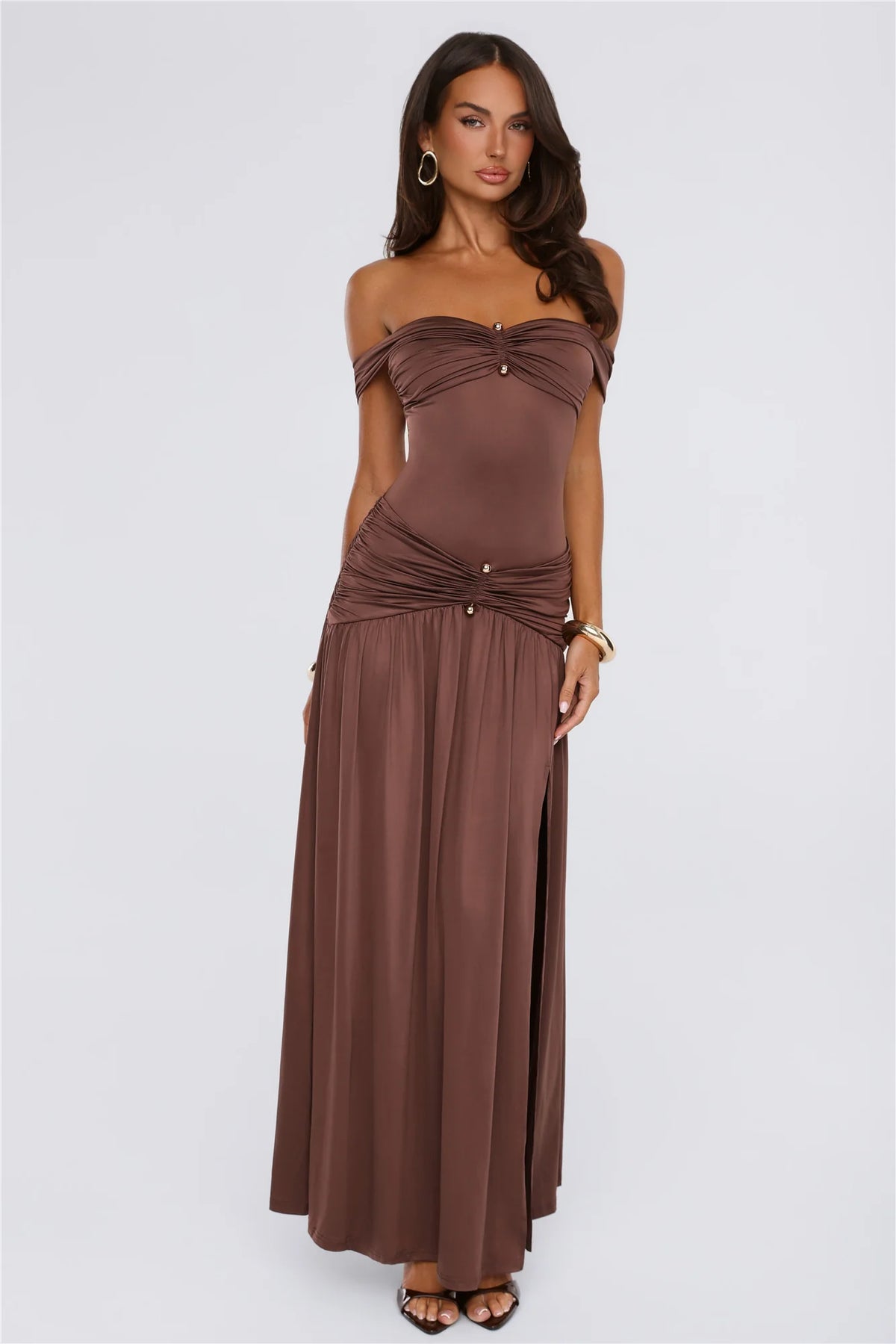 Under Your Charm Off Shoulder Maxi Dress Brown