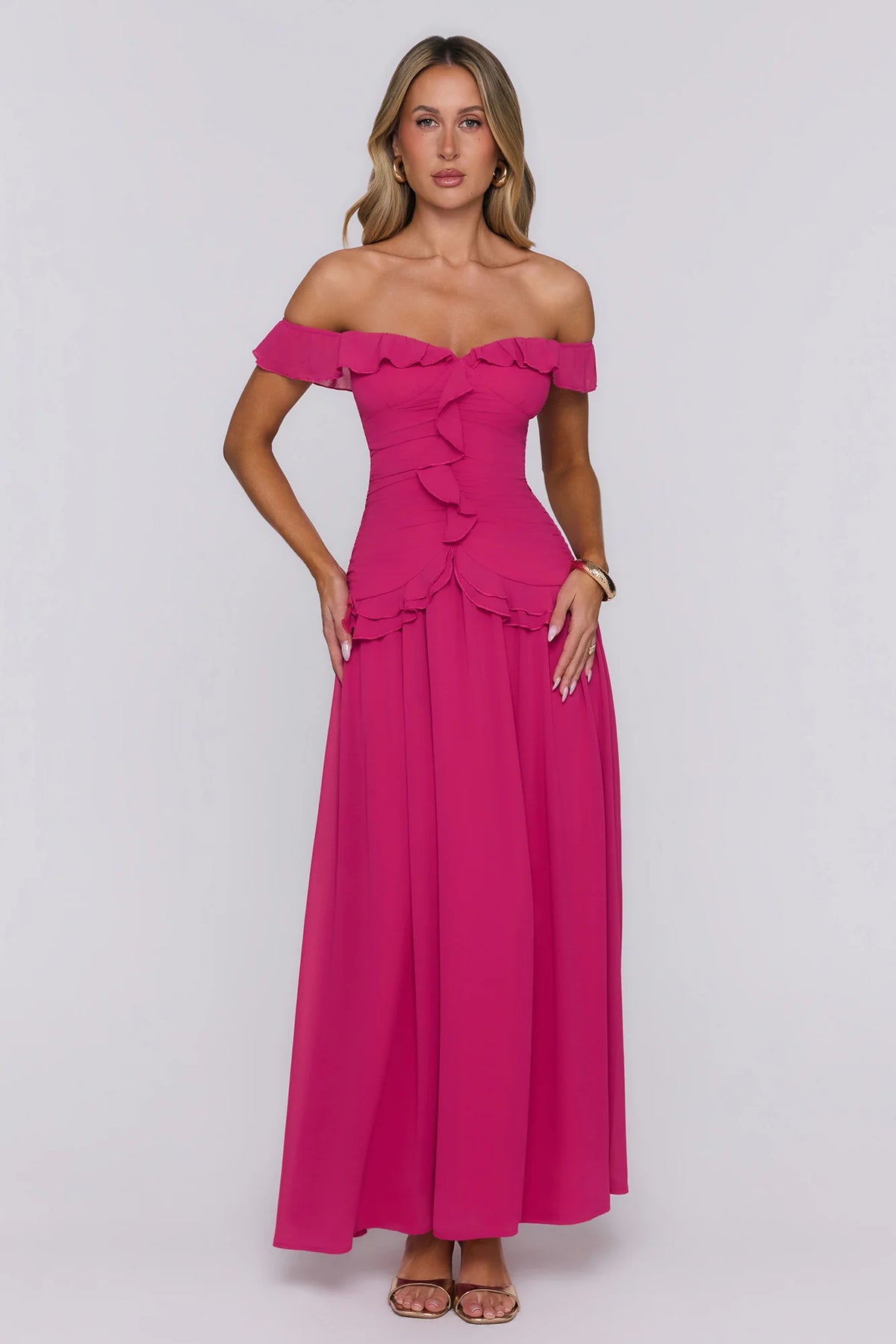 Dewy Glow Off Shoulder Maxi Dress Magenta