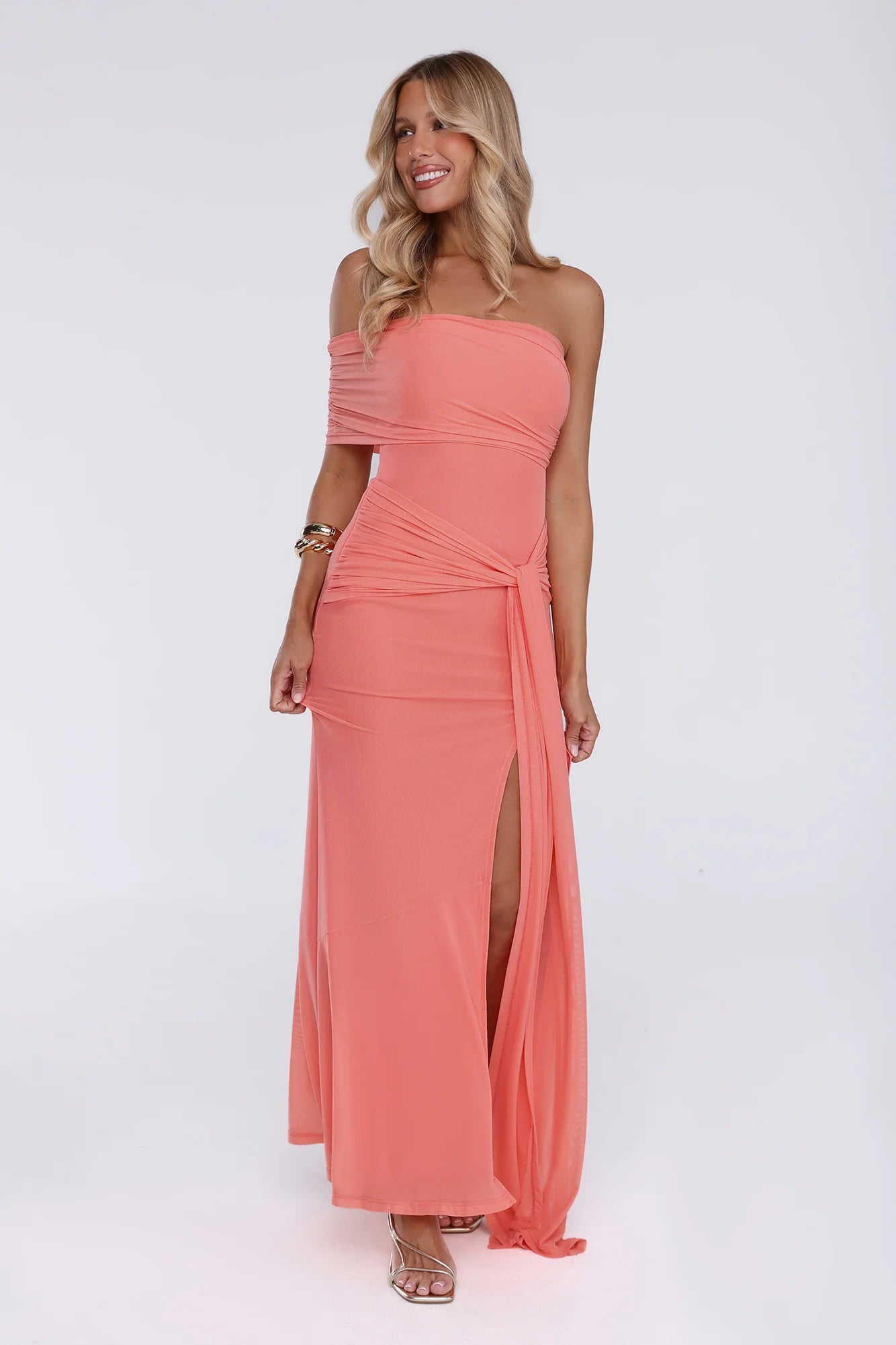 Flora Whisper One Shoulder Mesh Maxi Dress Peach