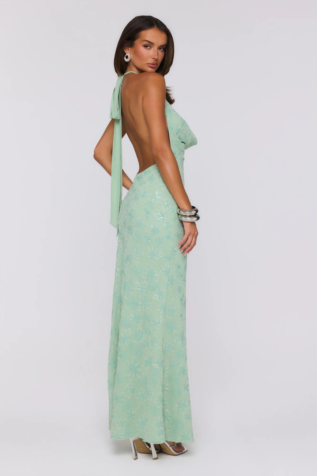 Bling It Babe Beaded Halter Maxi Dress Sage