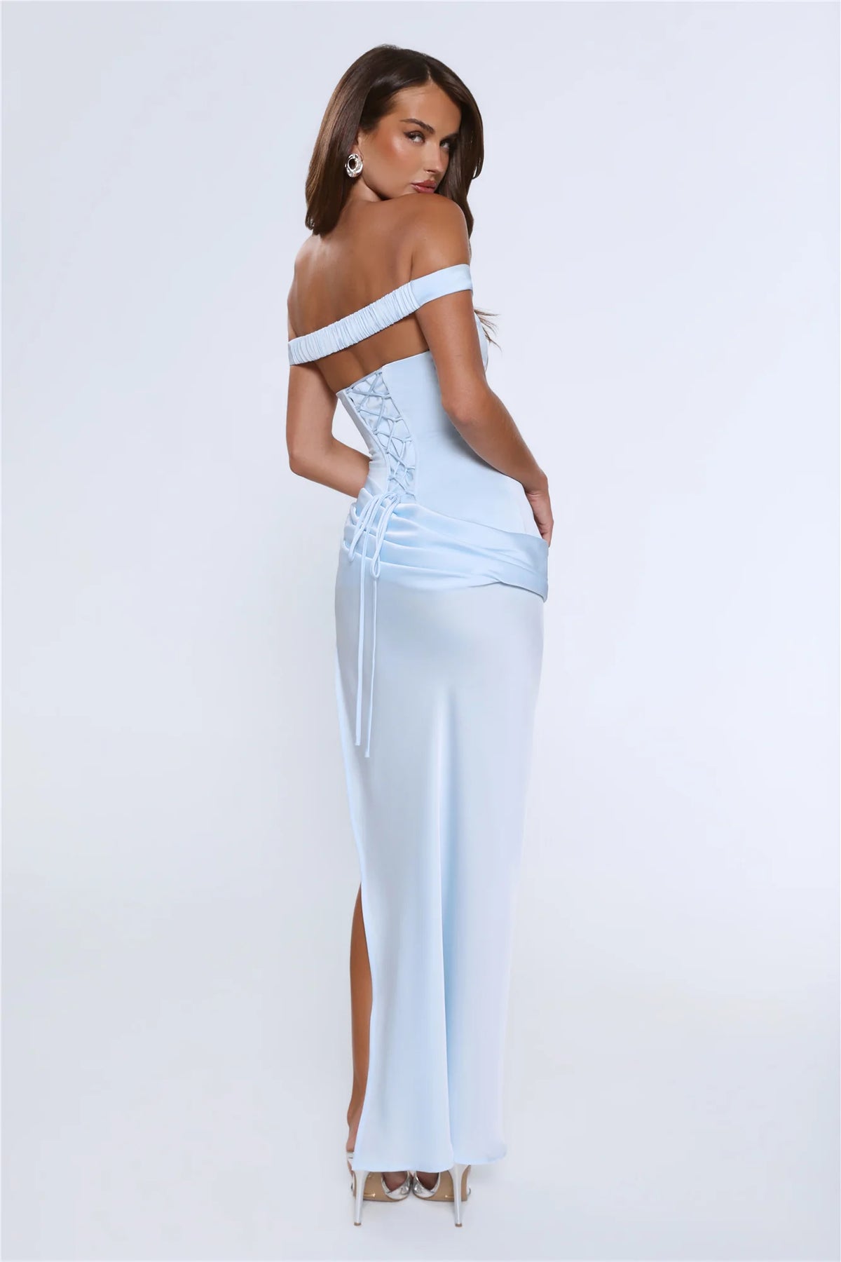 The After Party Off Shoulder Satin Maxi Dress Blue