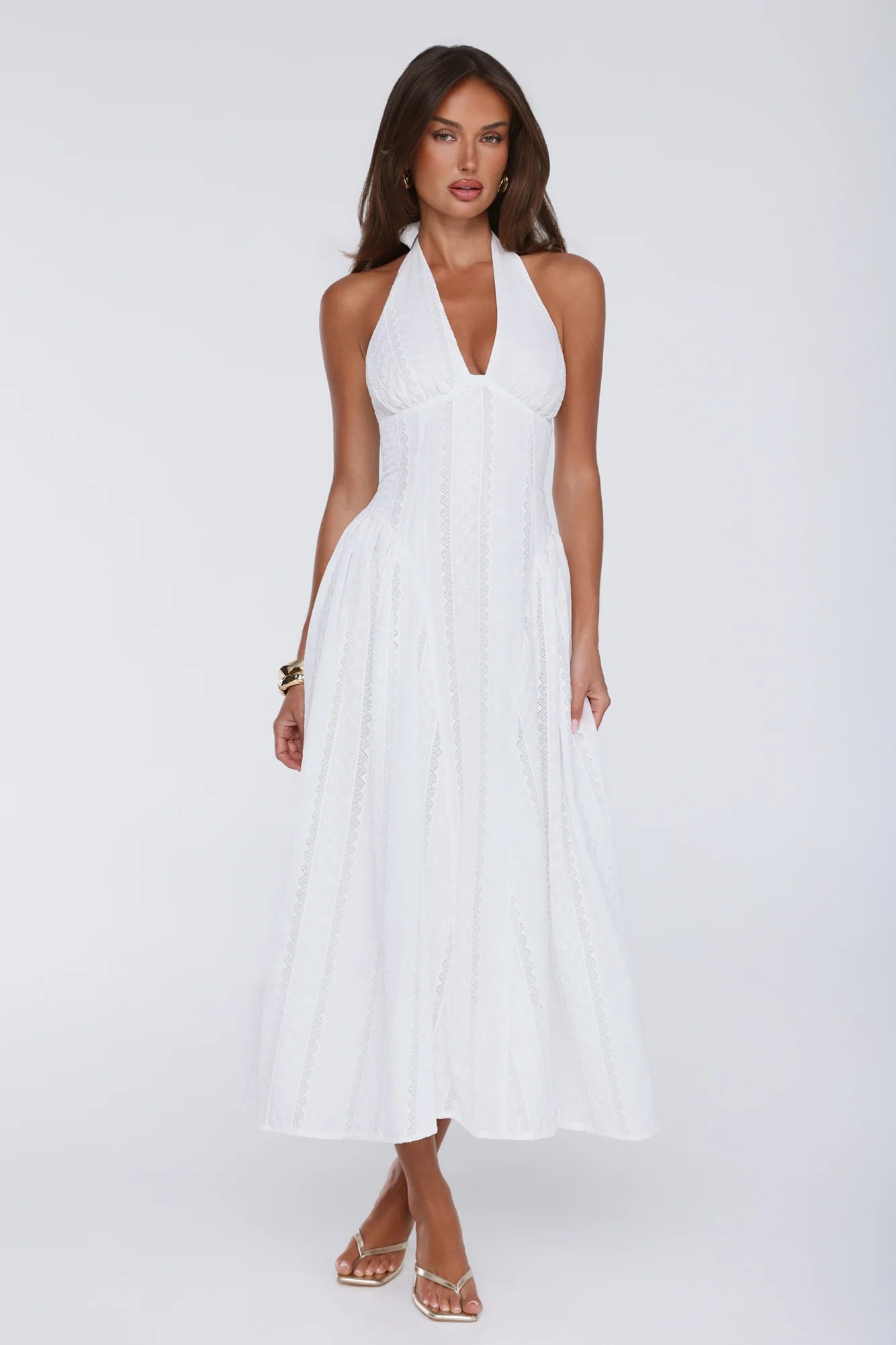 Petal Whimsy Embroidered Halter Maxi Dress White