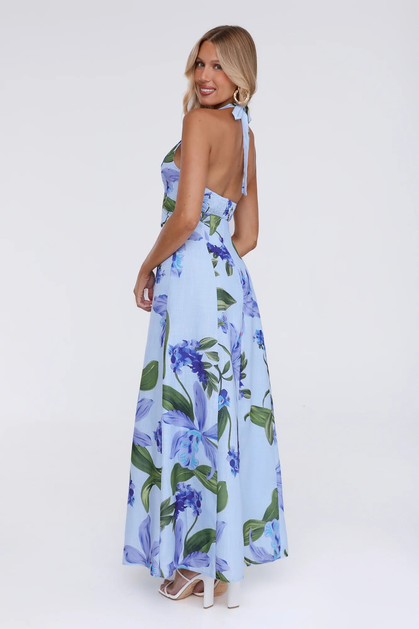 Fleur Flicker Halter Maxi Dress Blue