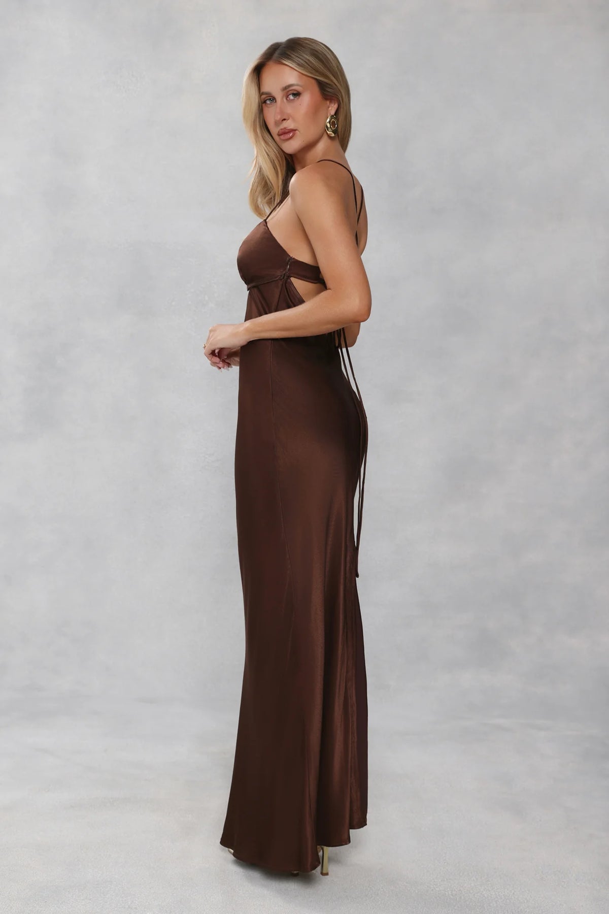 The Samara Satin Maxi Dress Chocolate Brown