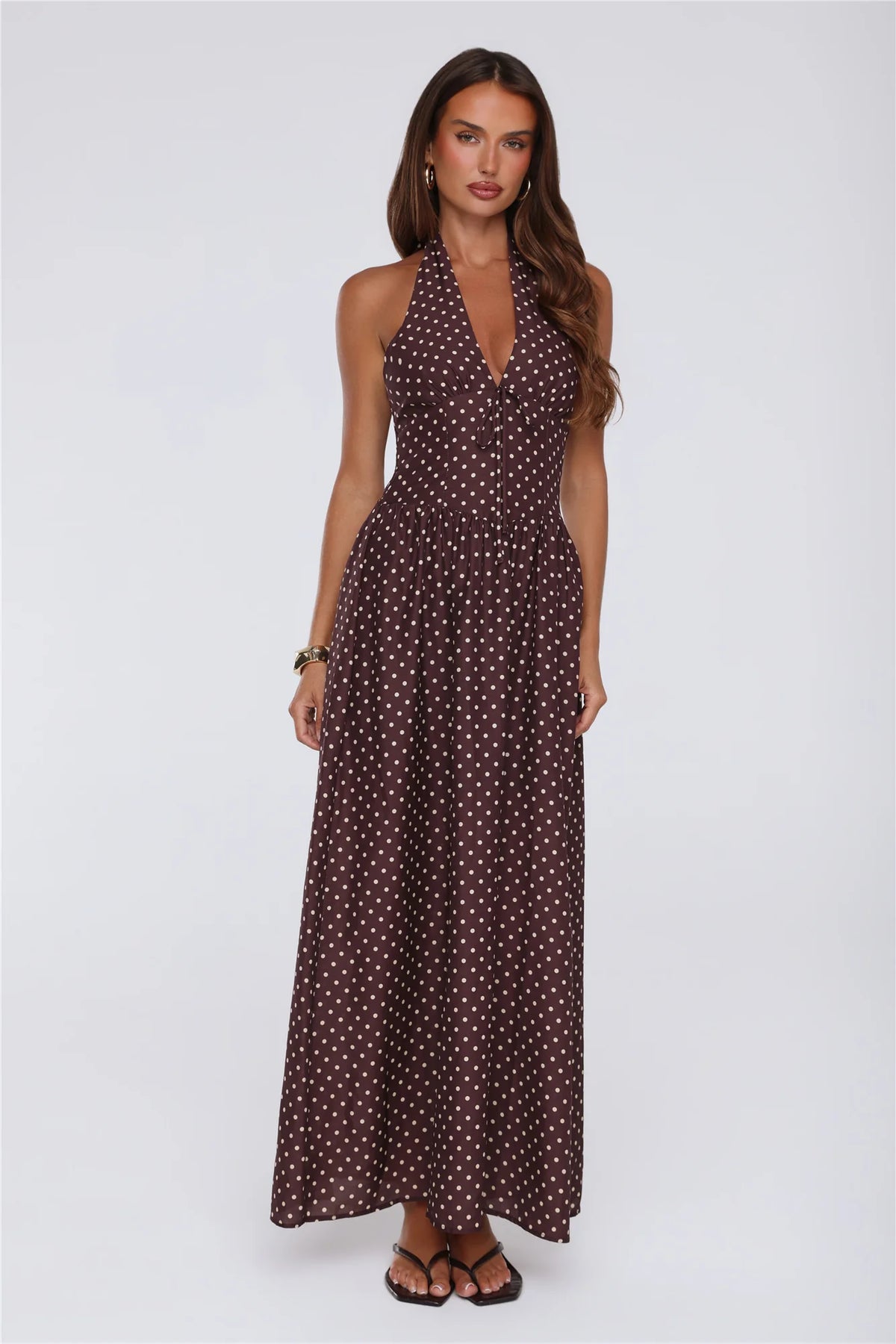 Yes To Polka Dots Halter Maxi Dress Brown