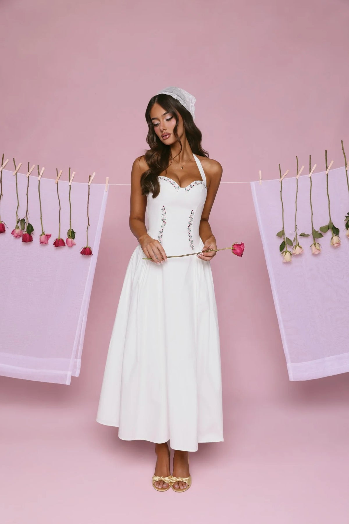 Vintage Fleur Halter Maxi Dress White