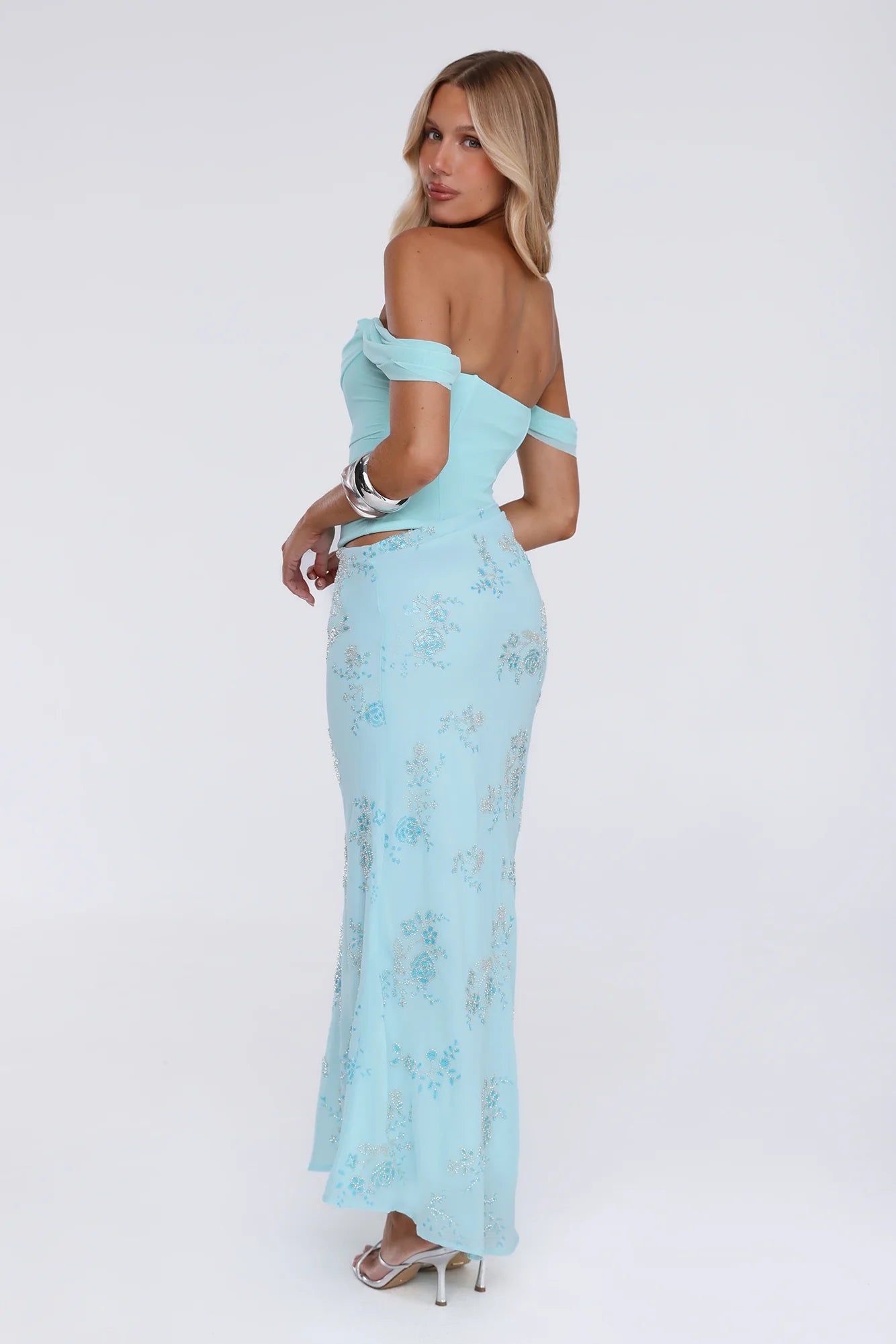 Pretty Glow Up Off Shoulder Maxi Dress Blue