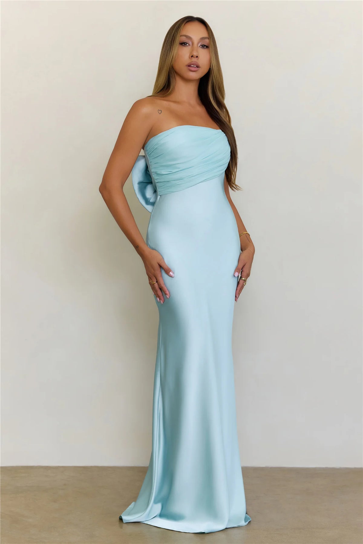 Soft Forever Mood Satin Strapless Maxi Dress Light Blue