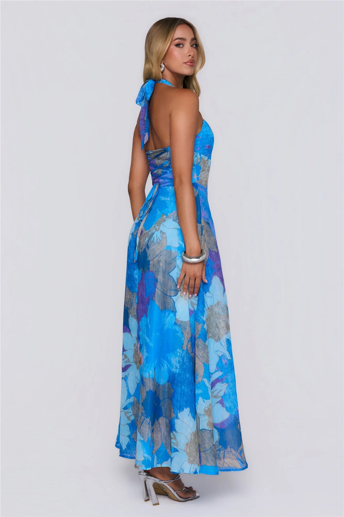 Floral Statement Halter Maxi Dress Blue