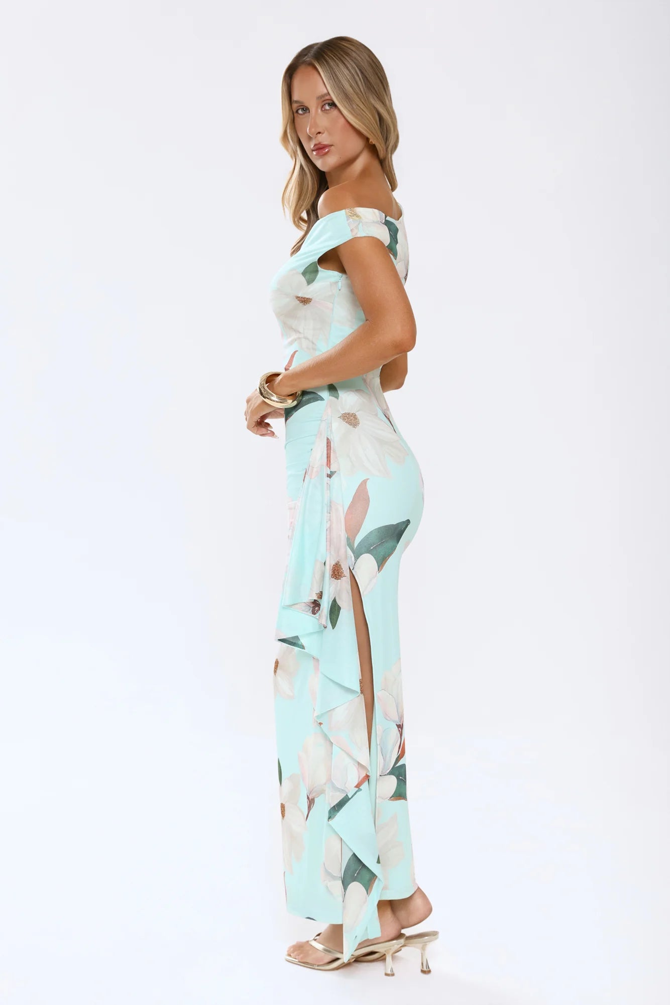 Ocean Bloom One Shoulder Mesh Maxi Dress Mint