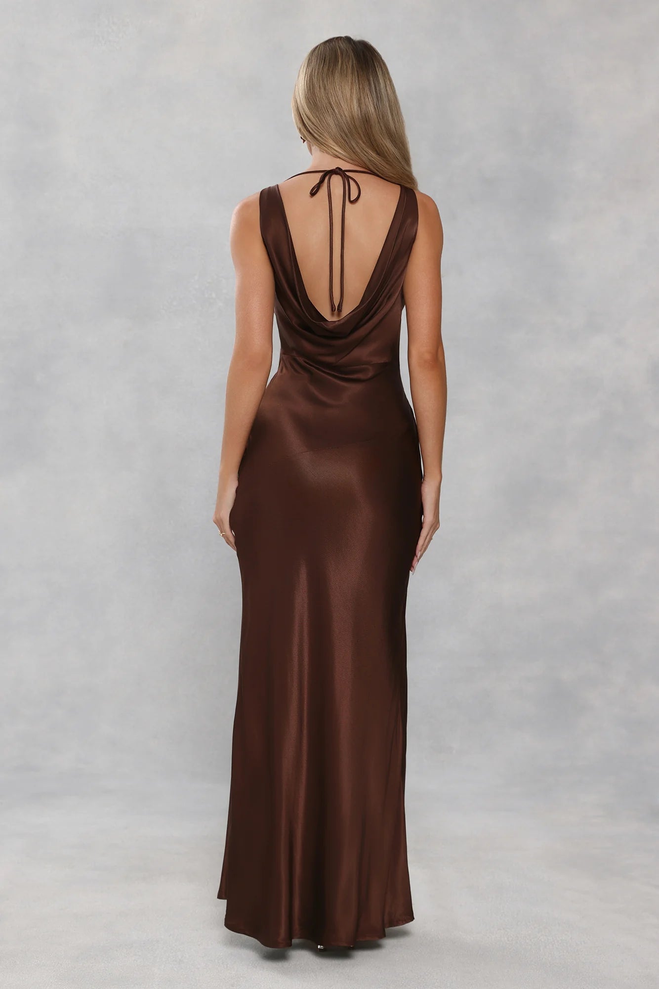 The Loretta Cowl Satin Maxi Dress Chocolate Brown