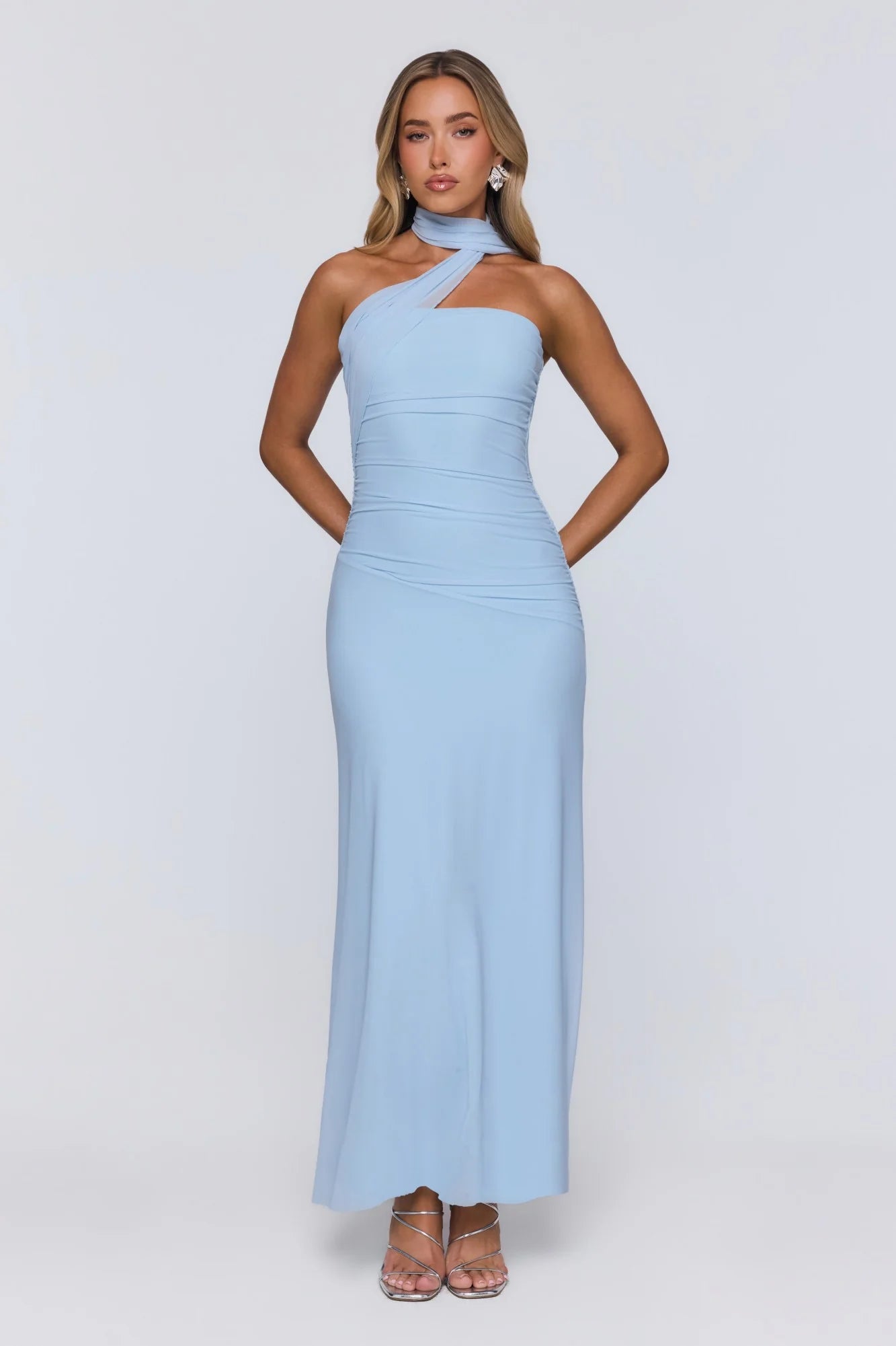 Evening Allure Mesh Strapless Maxi Dress Blue
