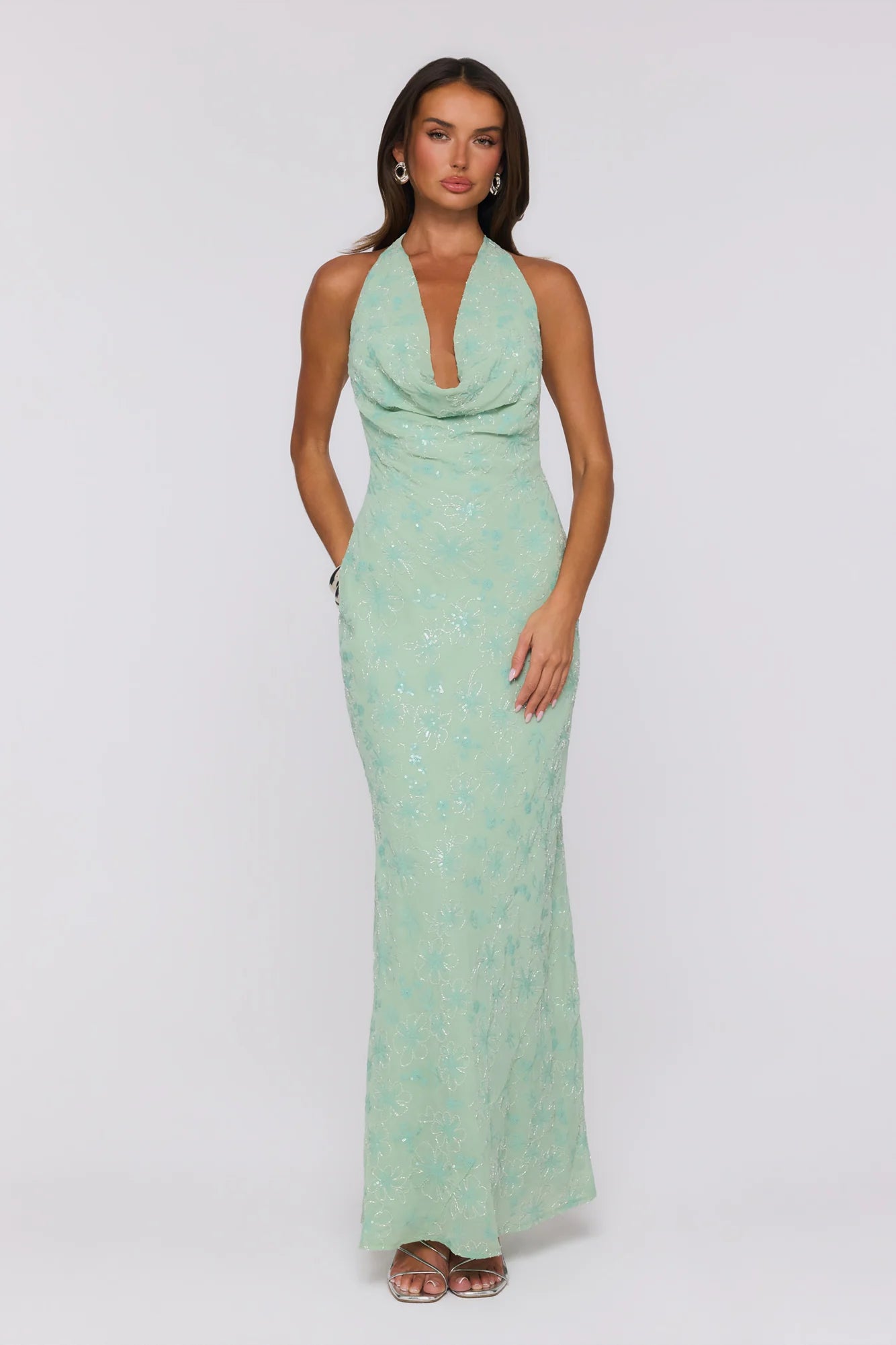 Bling It Babe Beaded Halter Maxi Dress Sage