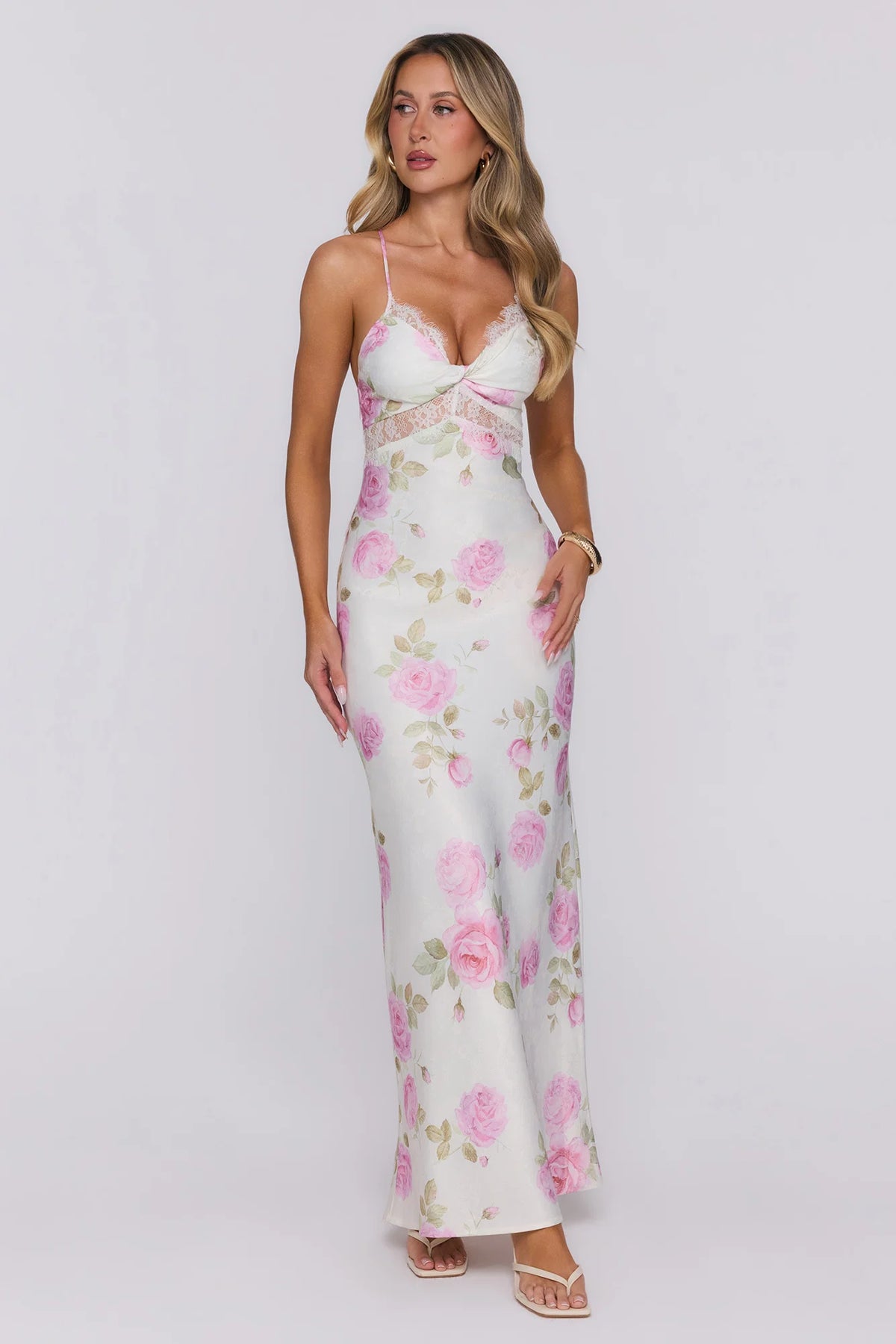 Romantic Muse Lace Floral Satin Maxi Dress Pink