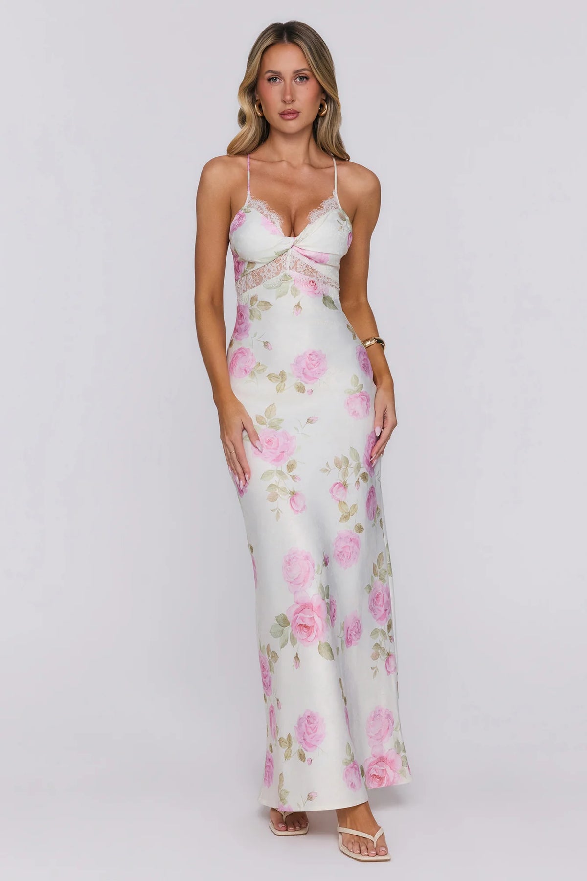 Romantic Muse Lace Floral Satin Maxi Dress Pink